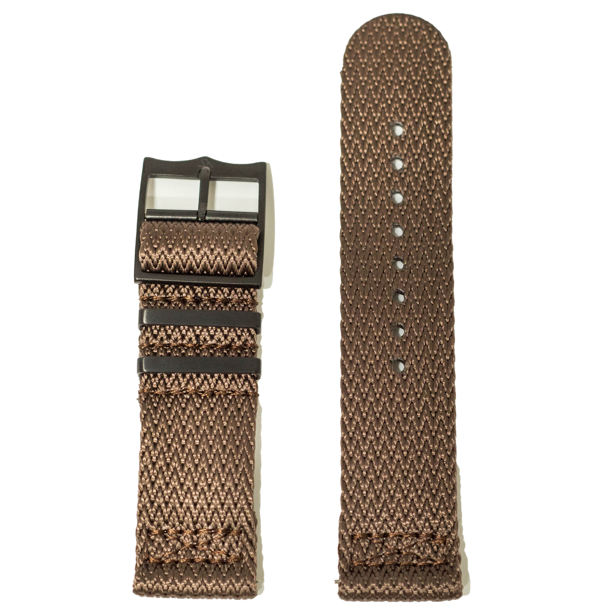 Sharktooth Militex brown woven nylon watch strap with black hardware, 26mm quick-fit band shown folded and extended