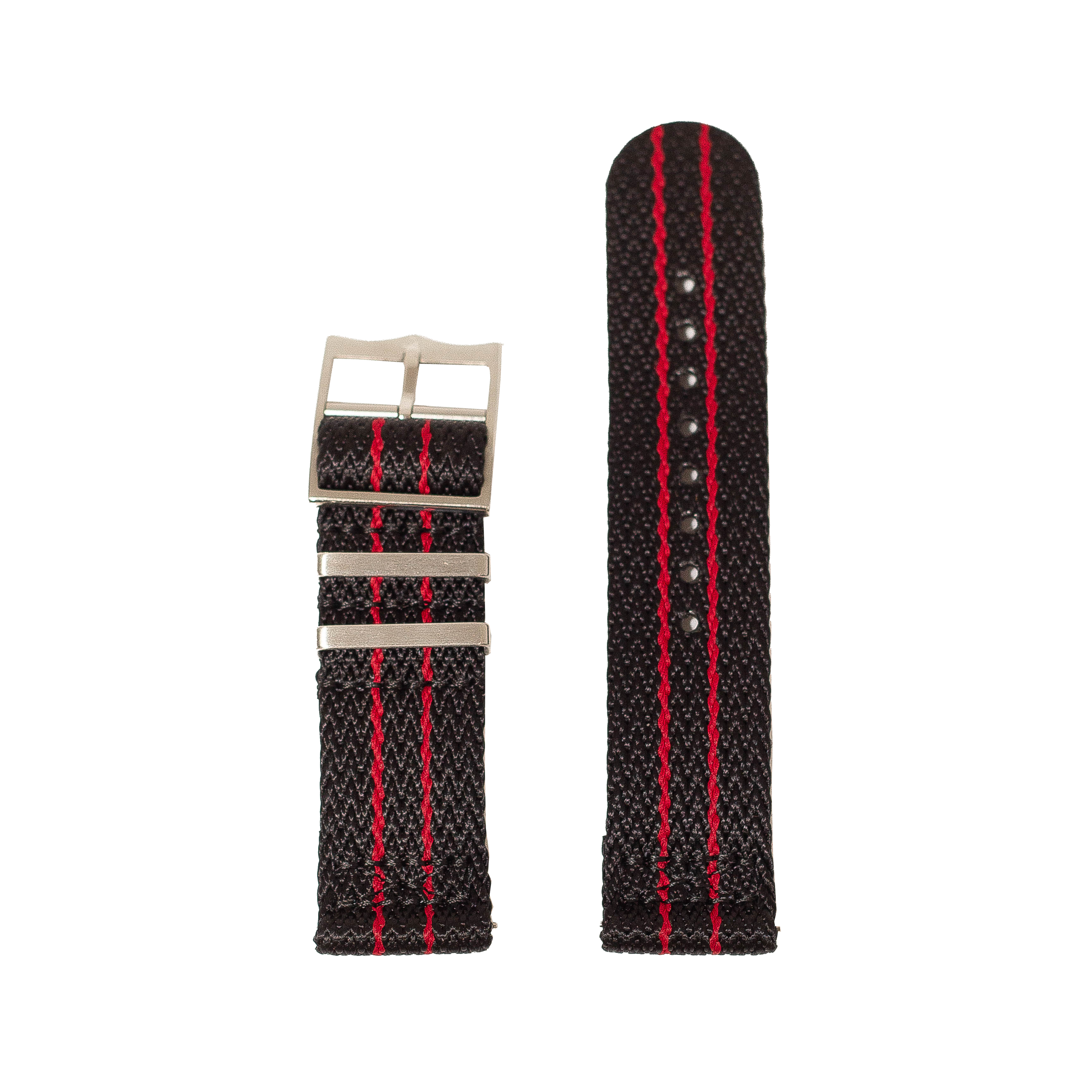 Black nylon military watch strap with red vertical stitching and quick-release buckle system, 26mm width