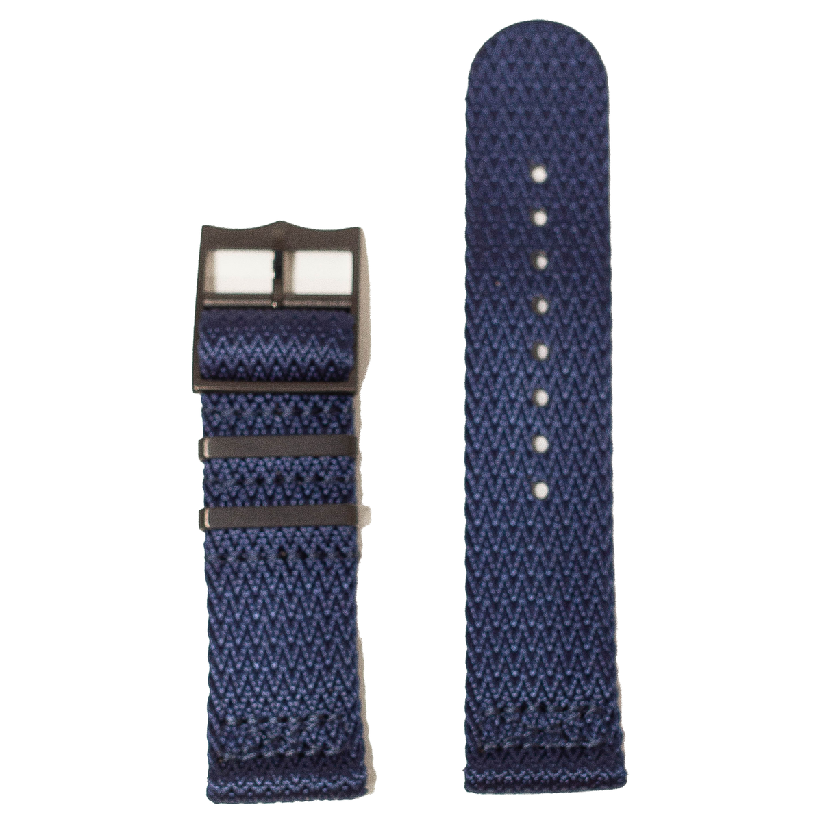 Navy blue canvas watch band 26mm with black buckle hardware and adjustment holes, shown folded and flat