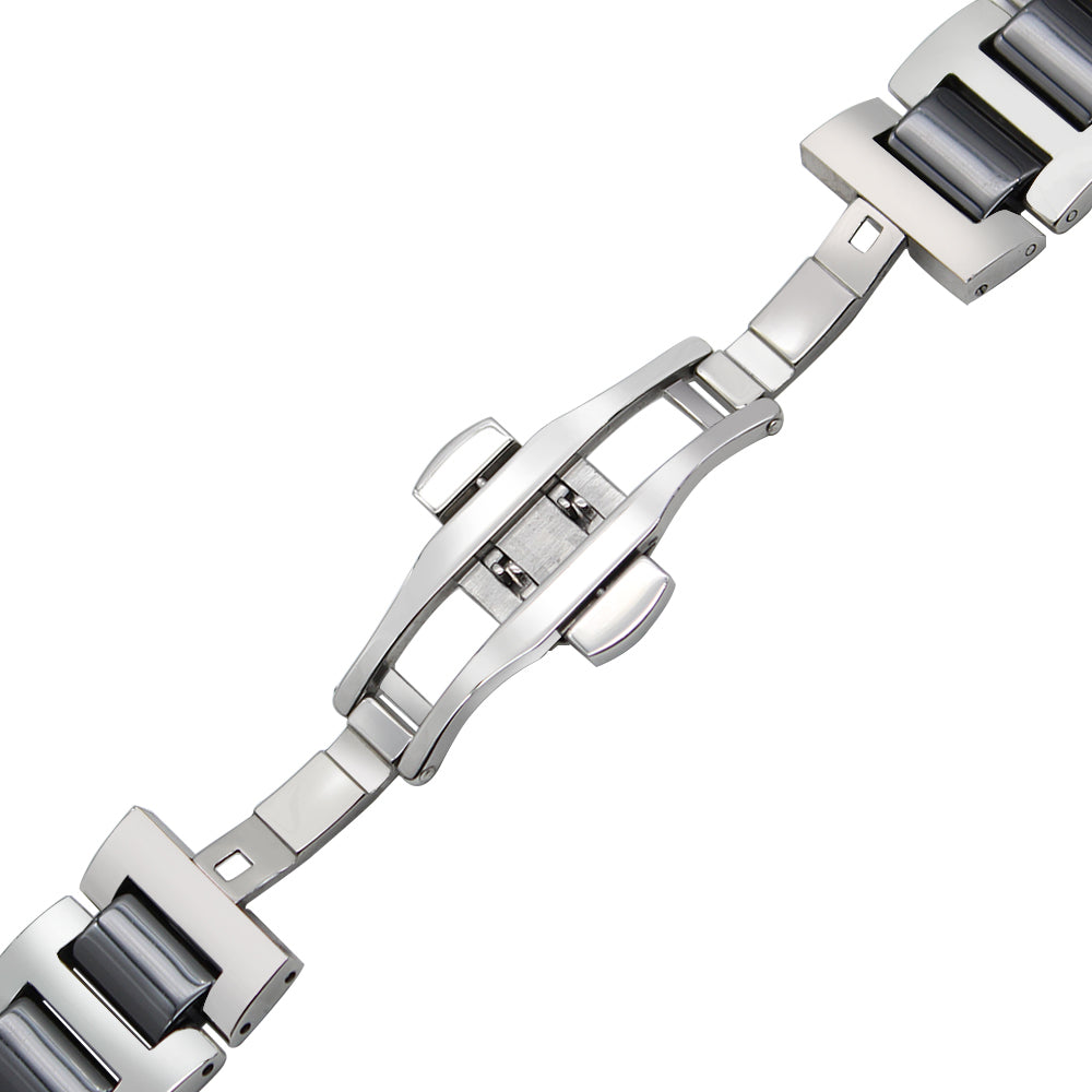 Stainless steel bracelet with quick release clasp and black ceramic accents in silver finish