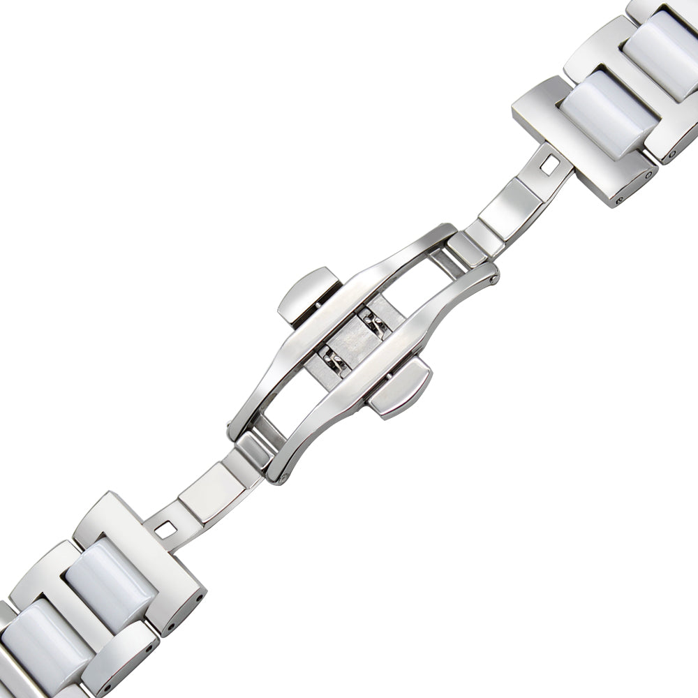 Silver and white ceramic watch bracelet with quick release deployment clasp and polished metal links
