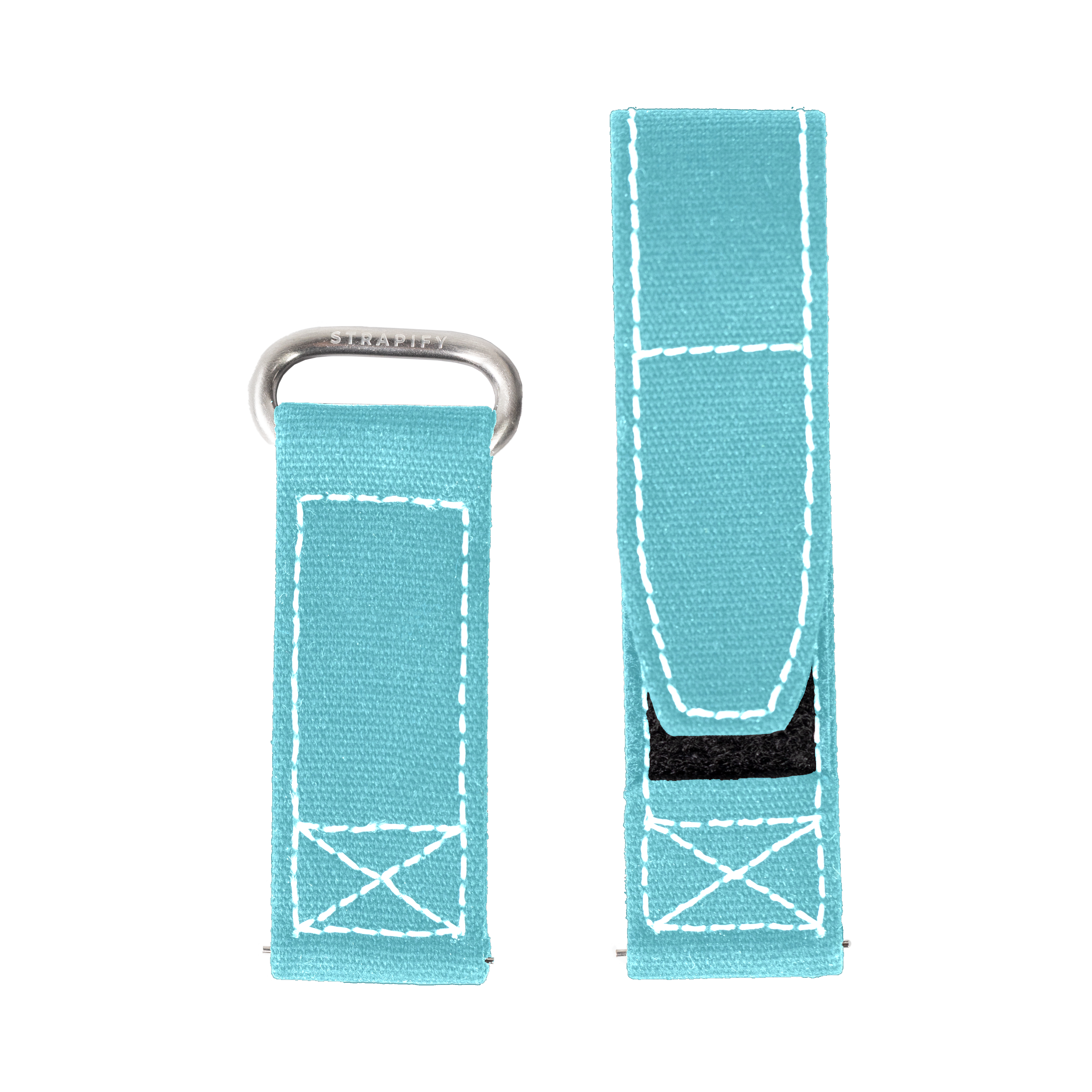 Military style sky blue velcro watch strap with white stitching and metal keeper ring, shown in two lengths