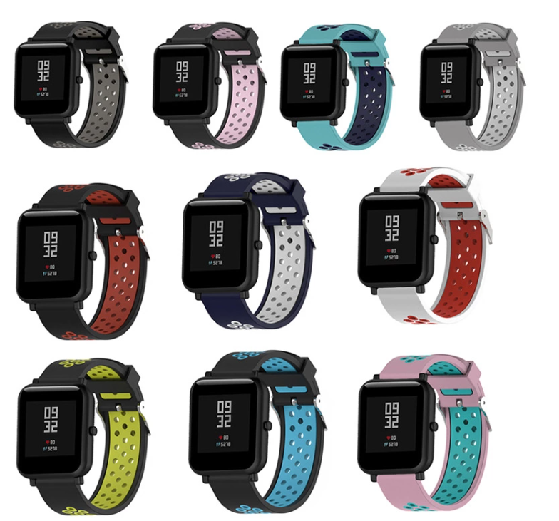 Quick release silicone smartwatch bands in multiple colors including black, pink, turquoise, gray, red, navy and yellow with perforated sport design