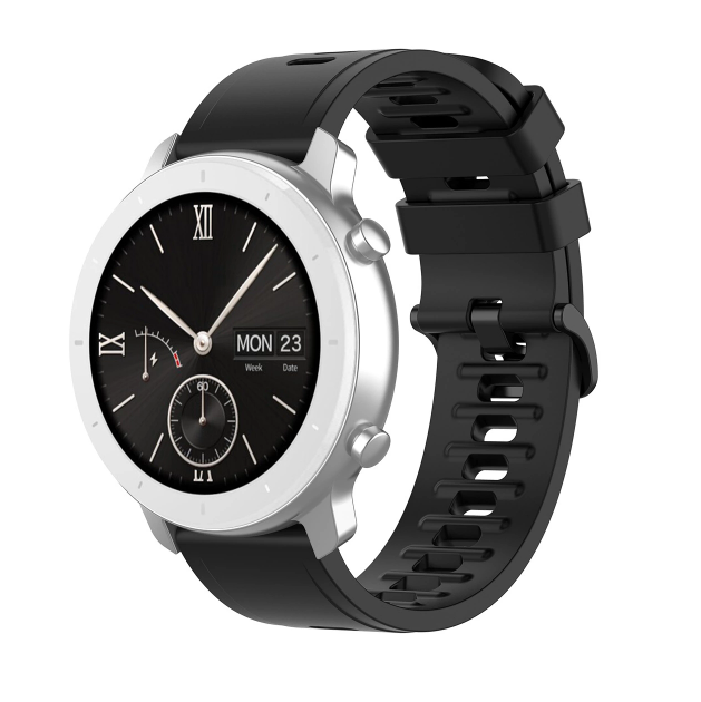 Silver smartwatch with black silicone Quick Release Flexi band, Roman numeral dial, date display, and subdials