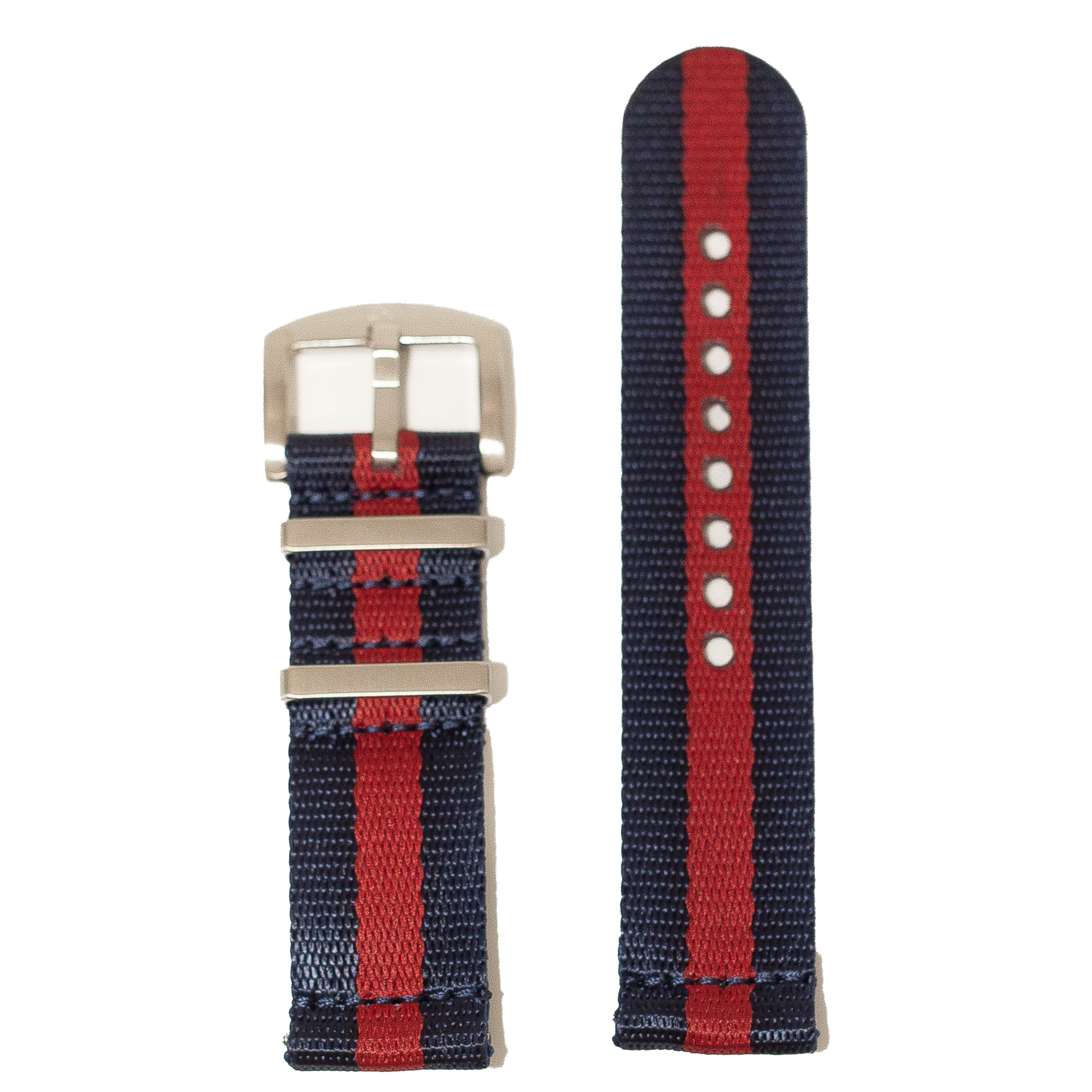 Blue and red striped quick release watch strap with tan buckle and metal hardware