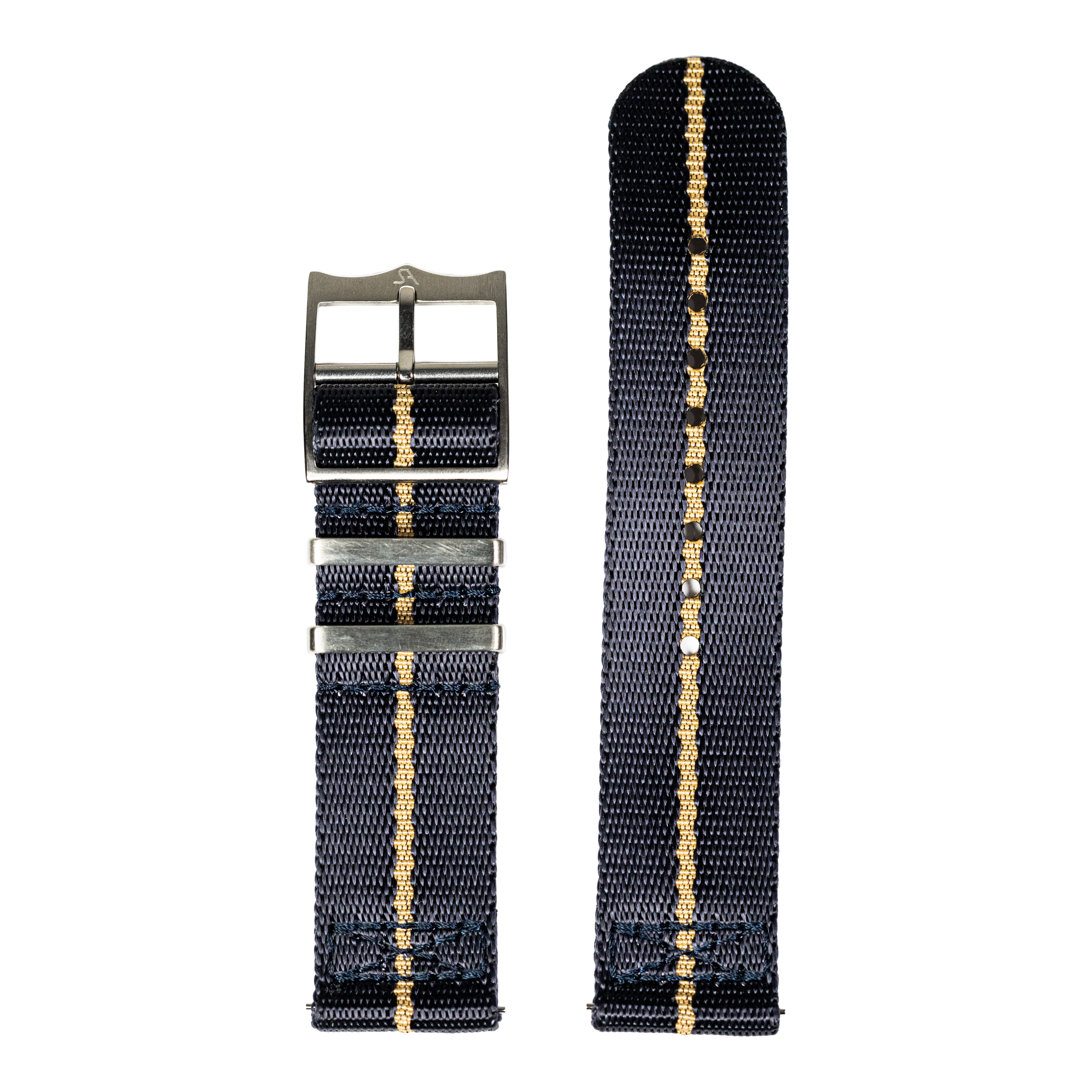 Navy blue and wheat striped Militex watch strap 26mm with gunmetal buckle and quick-fit connector system