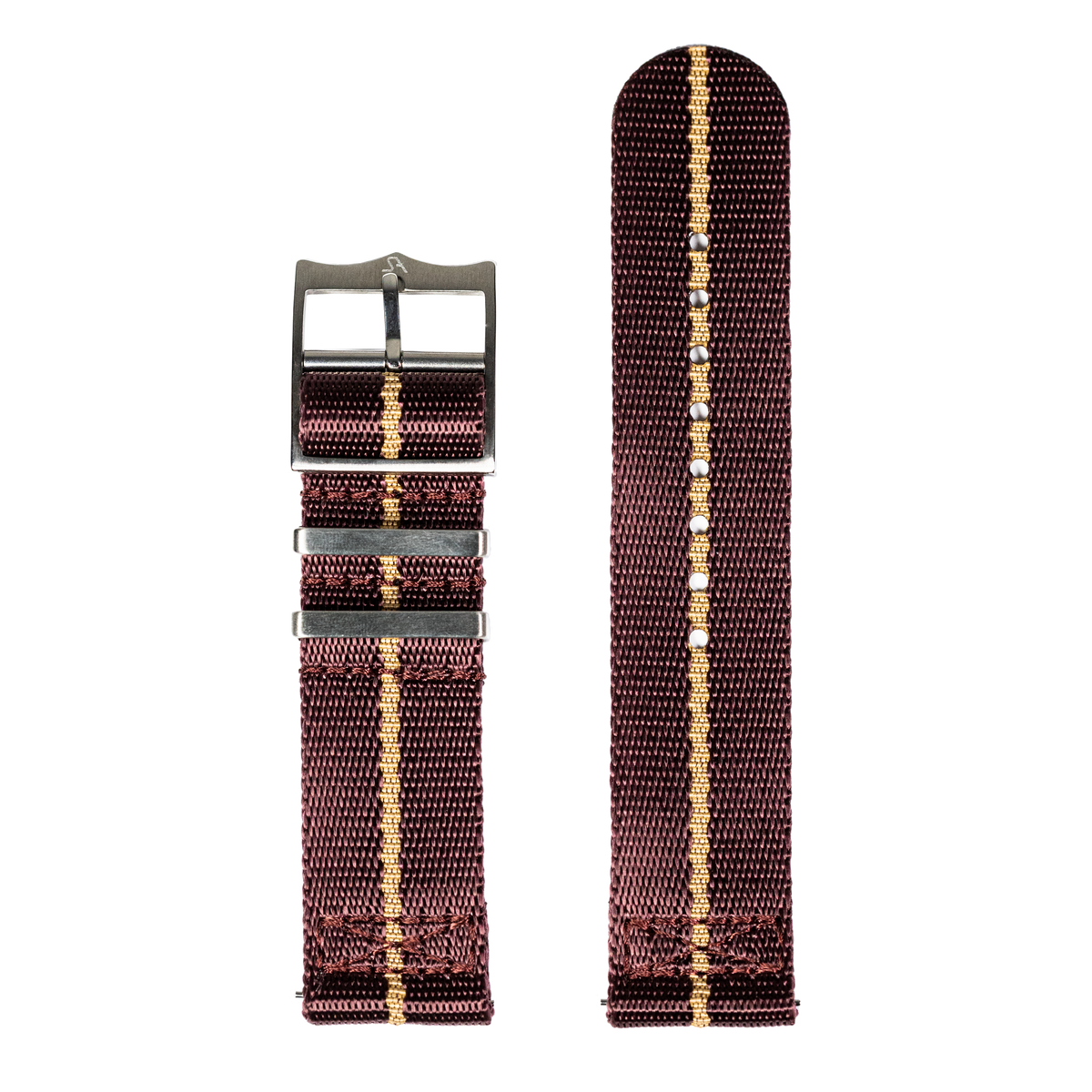 Burgundy red and wheat striped fabric watch strap with gunmetal buckle, 26mm quick-fit military style band