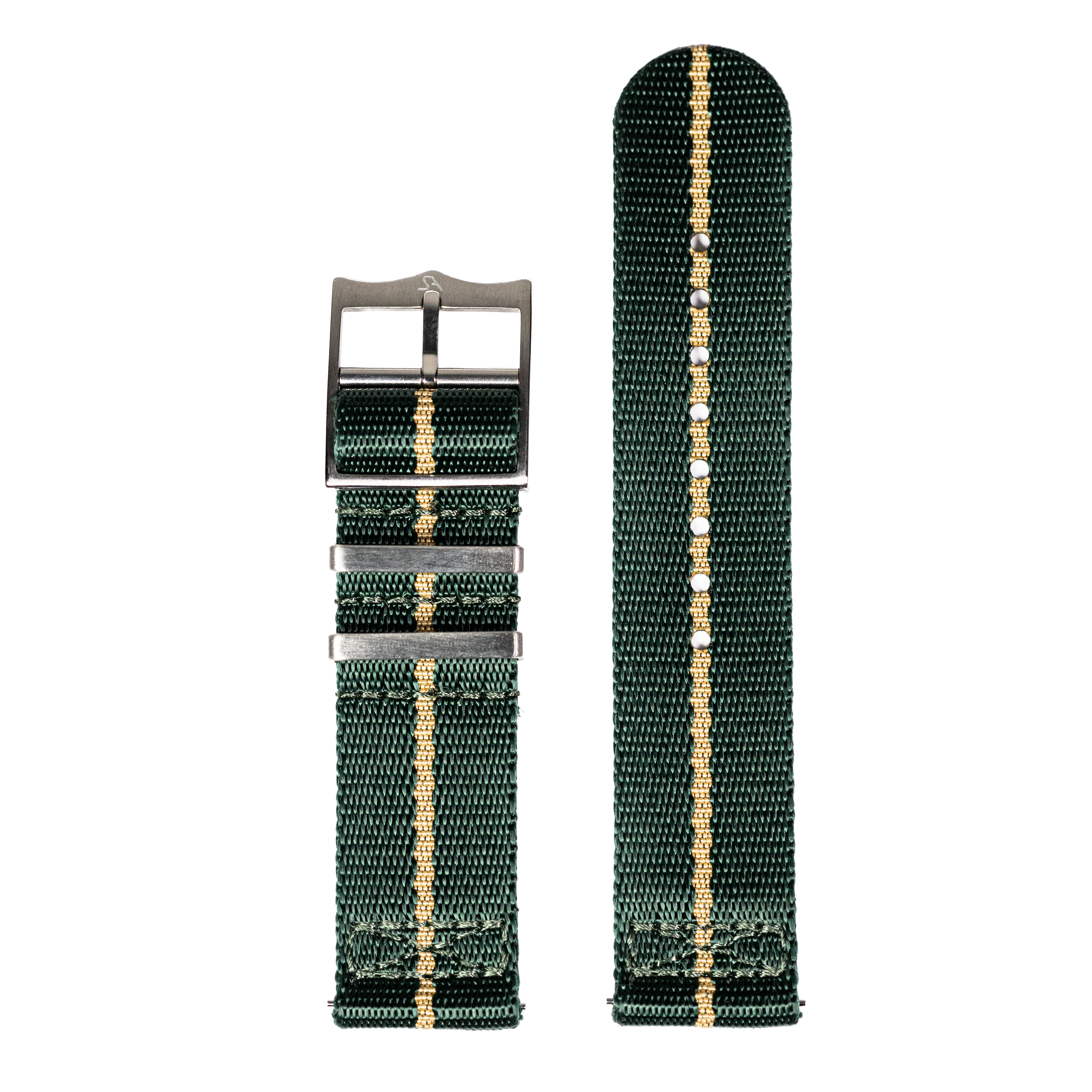 Green and tan woven textile watch strap with metal buckle, 26mm QuickFit Supreme Militex style, displayed folded and extended