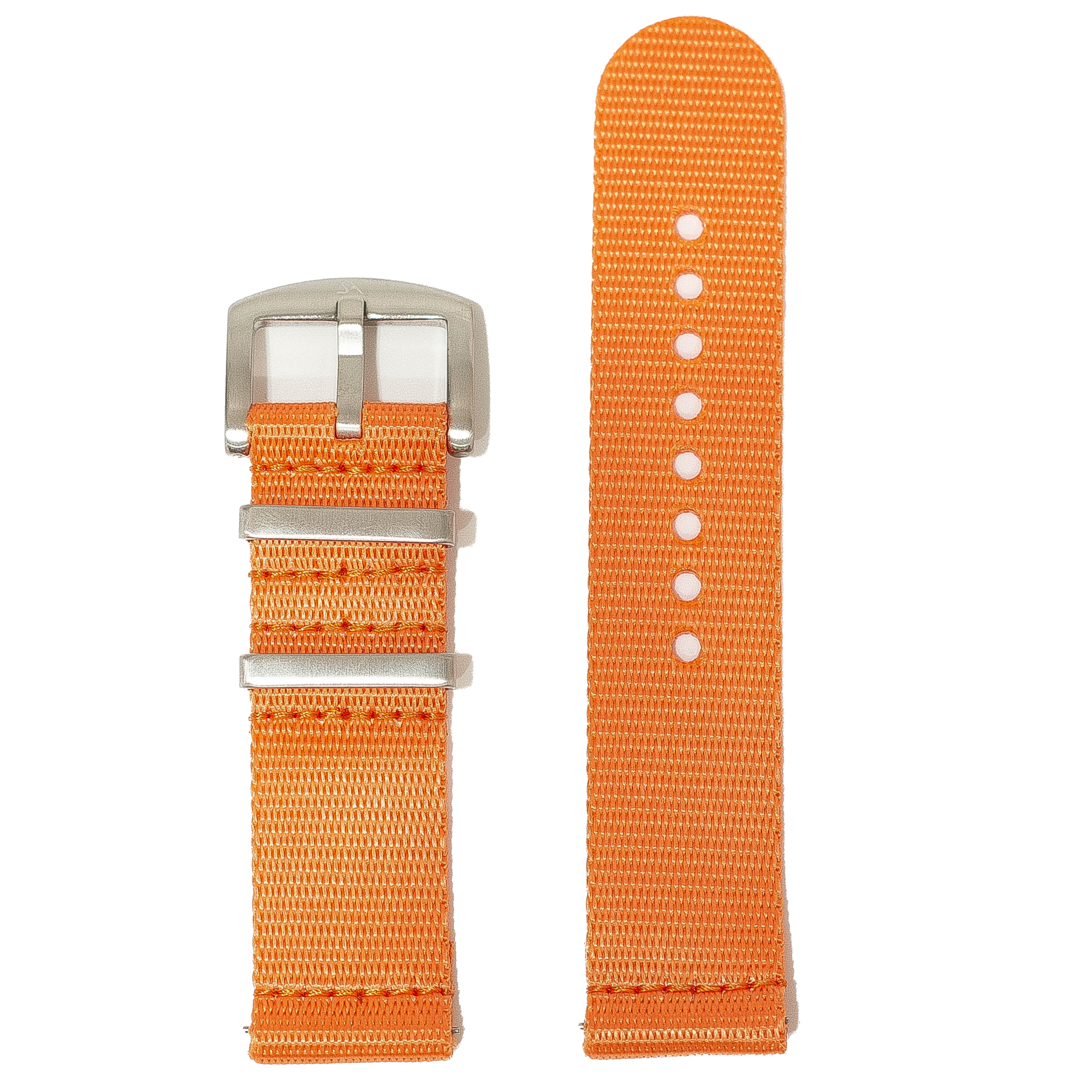 Orange fabric watch strap with quick-release pins and silver buckle, 26mm width for sports watches