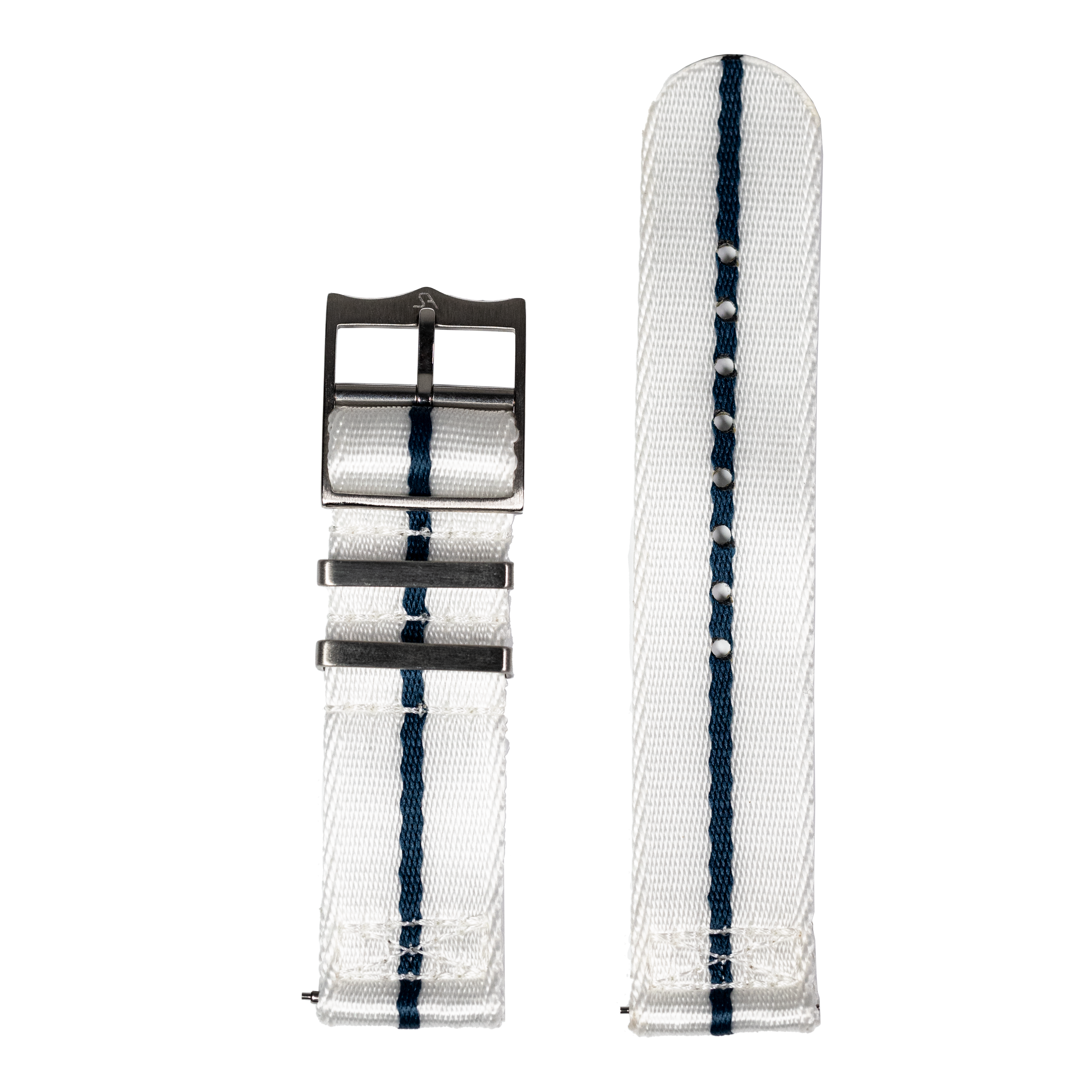 QuickFit Supreme Militex white and blue 22mm watch strap with black buckle and adjustable keepers