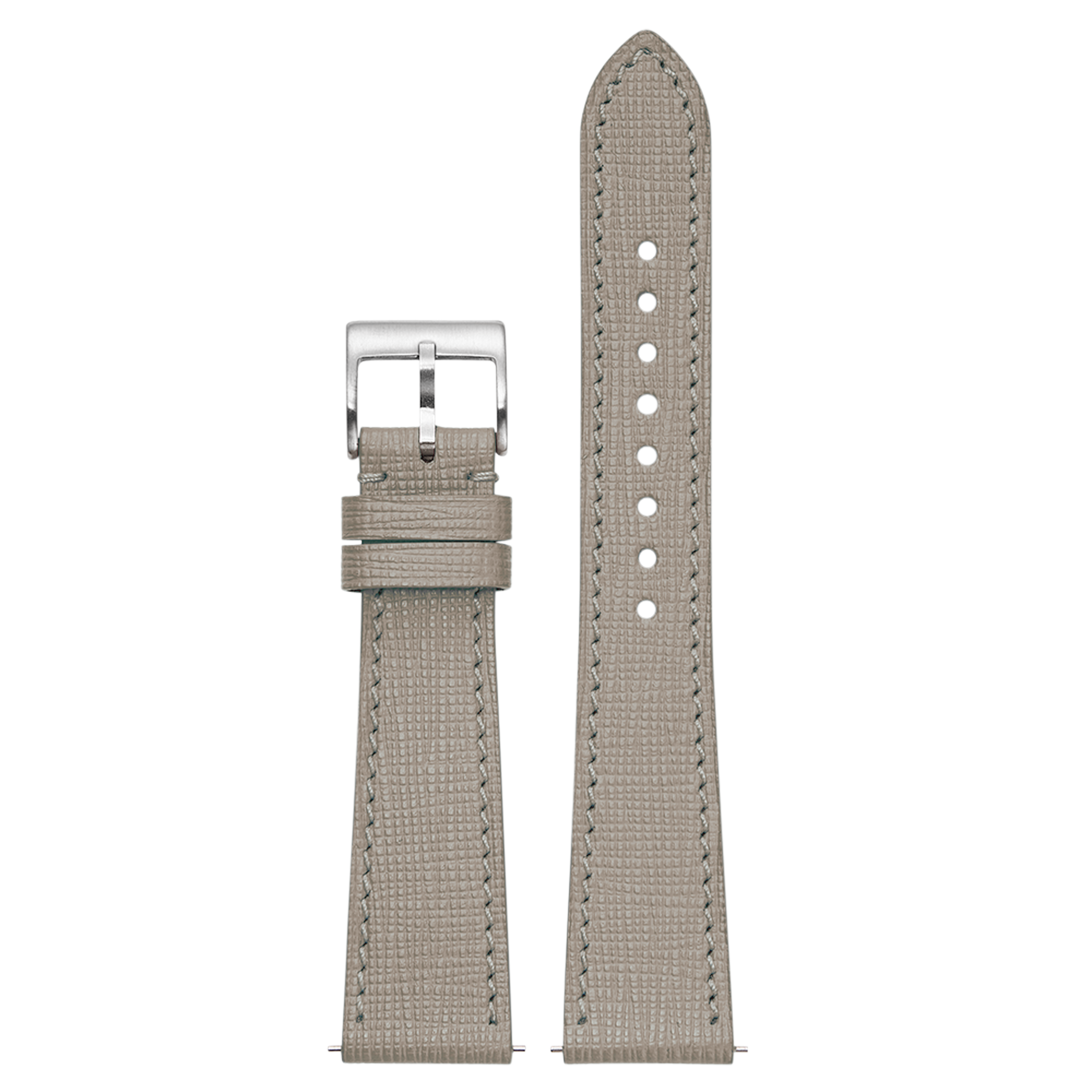 Quick release taupe grey chevre saffiano leather watch band with silver buckle and stitch detailing