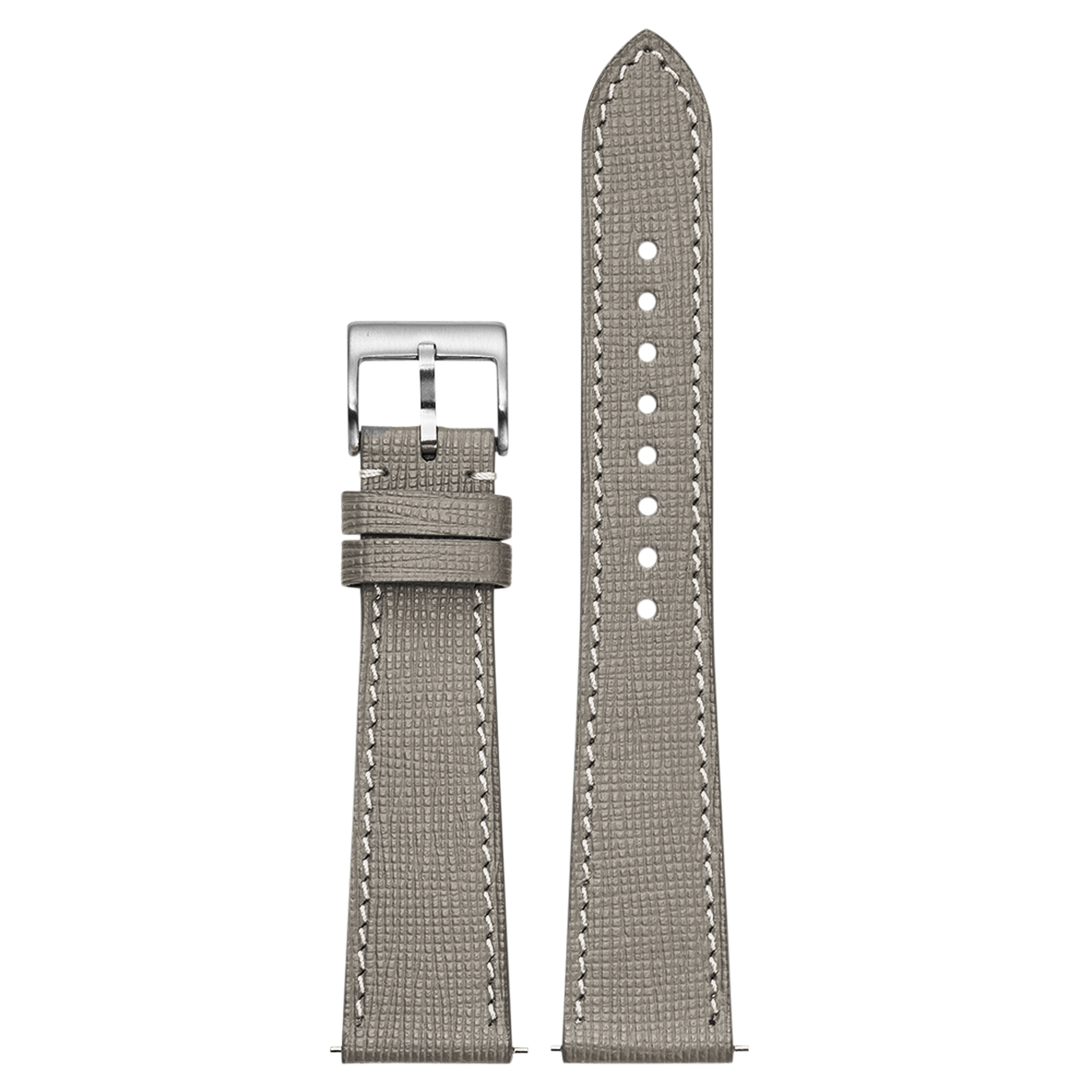 Gray saffiano leather quick release watch band with white stitching and silver buckle