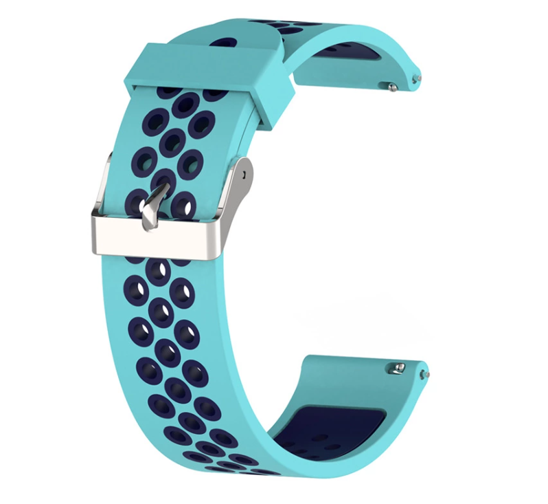 Turquoise silicone sports watch band with perforated design, quick release buckle, and navy ventilation holes