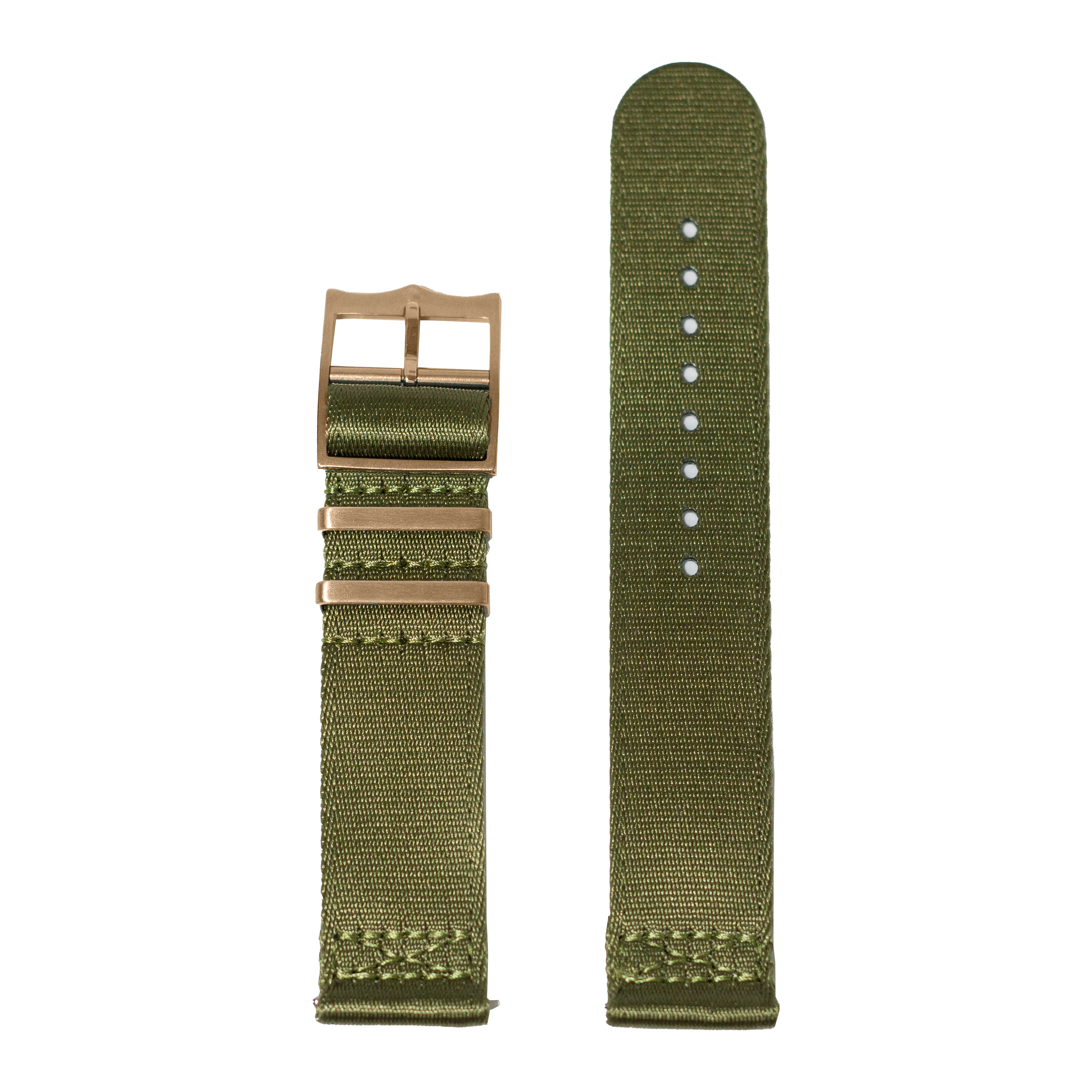 Army green fabric watch strap 20mm with rose gold hardware buckle and quick-fit system