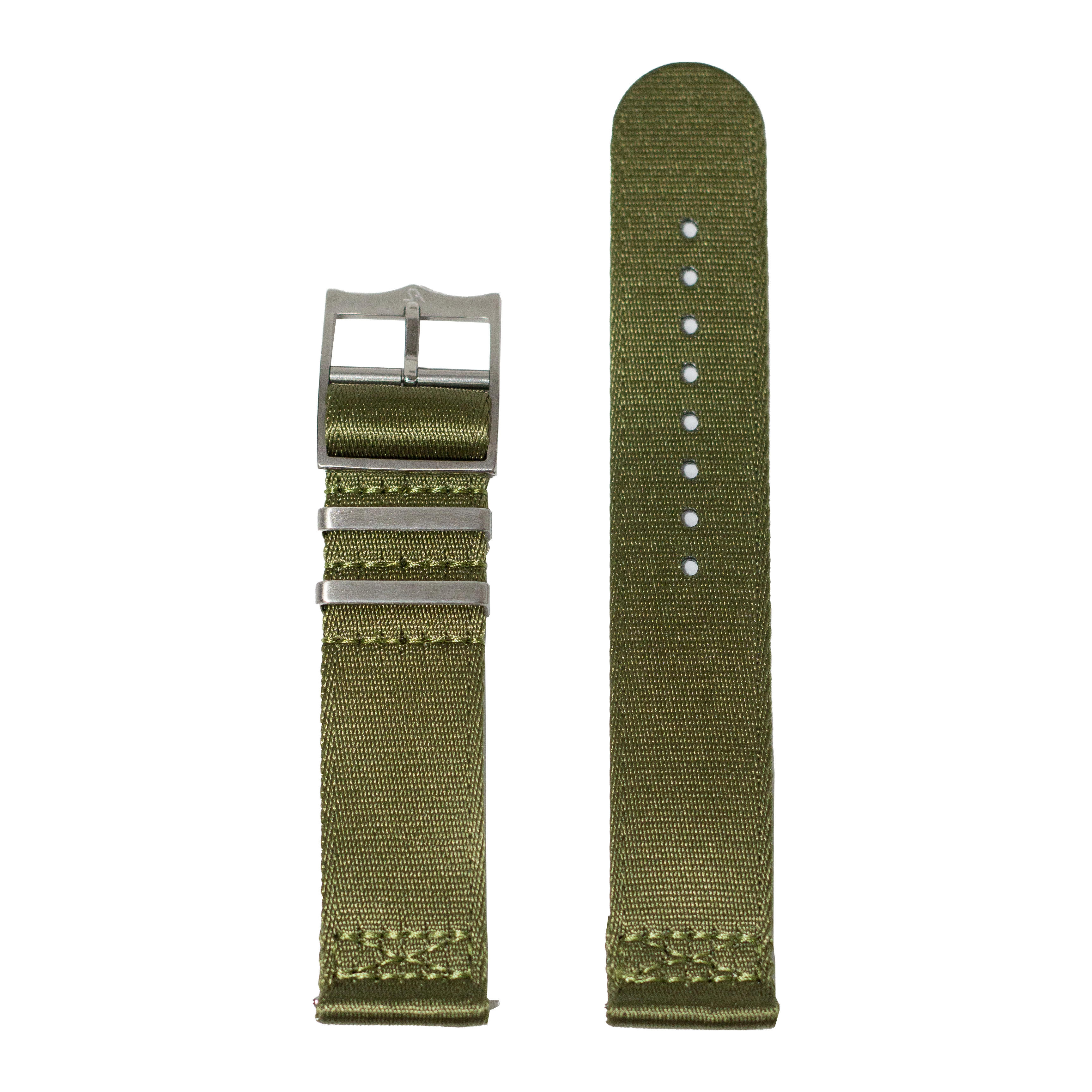 Olive green textile watch strap with brushed stainless steel buckle and adjustment holes