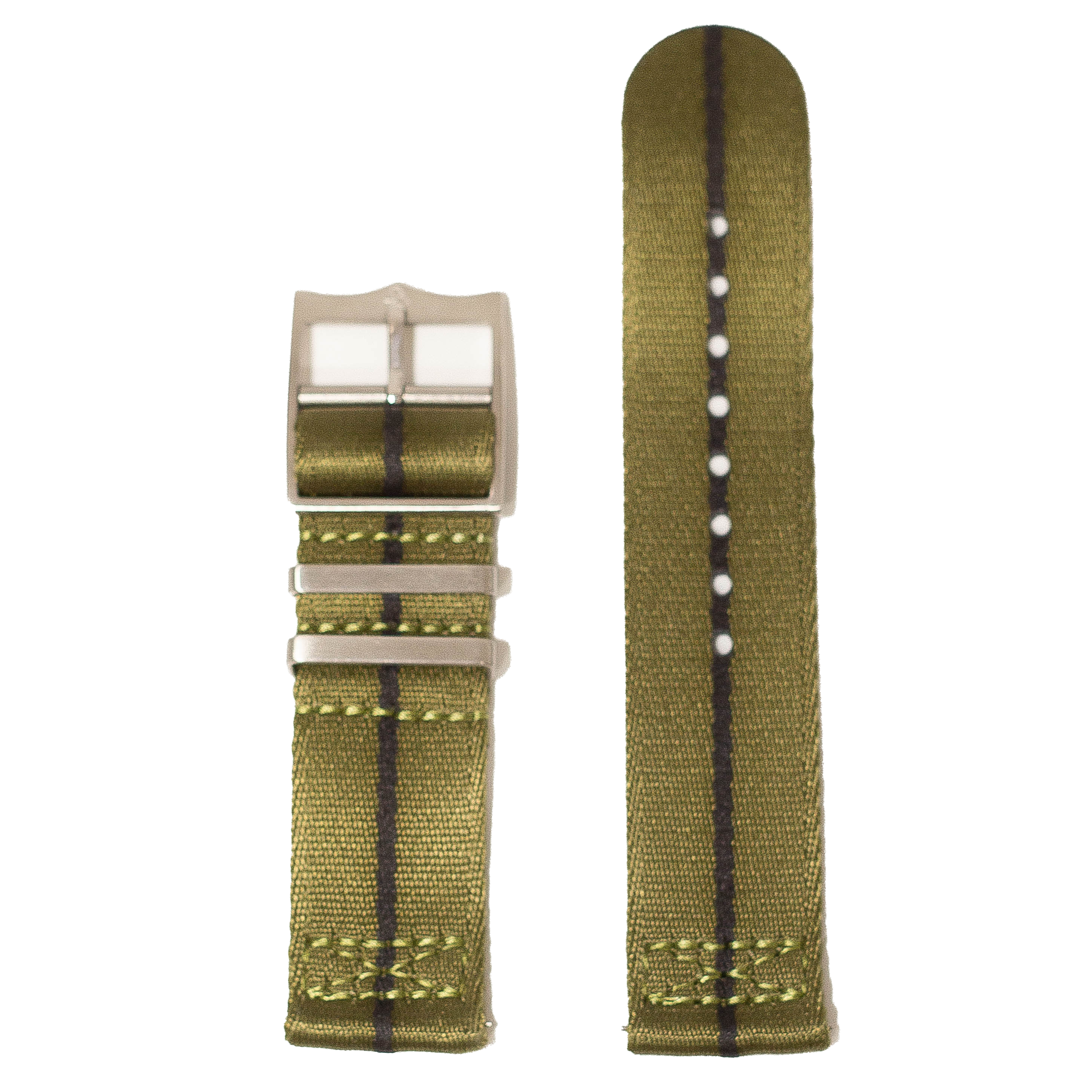 Olive green canvas watch strap with black stripe, quick release buckle, and contrast stitching detail