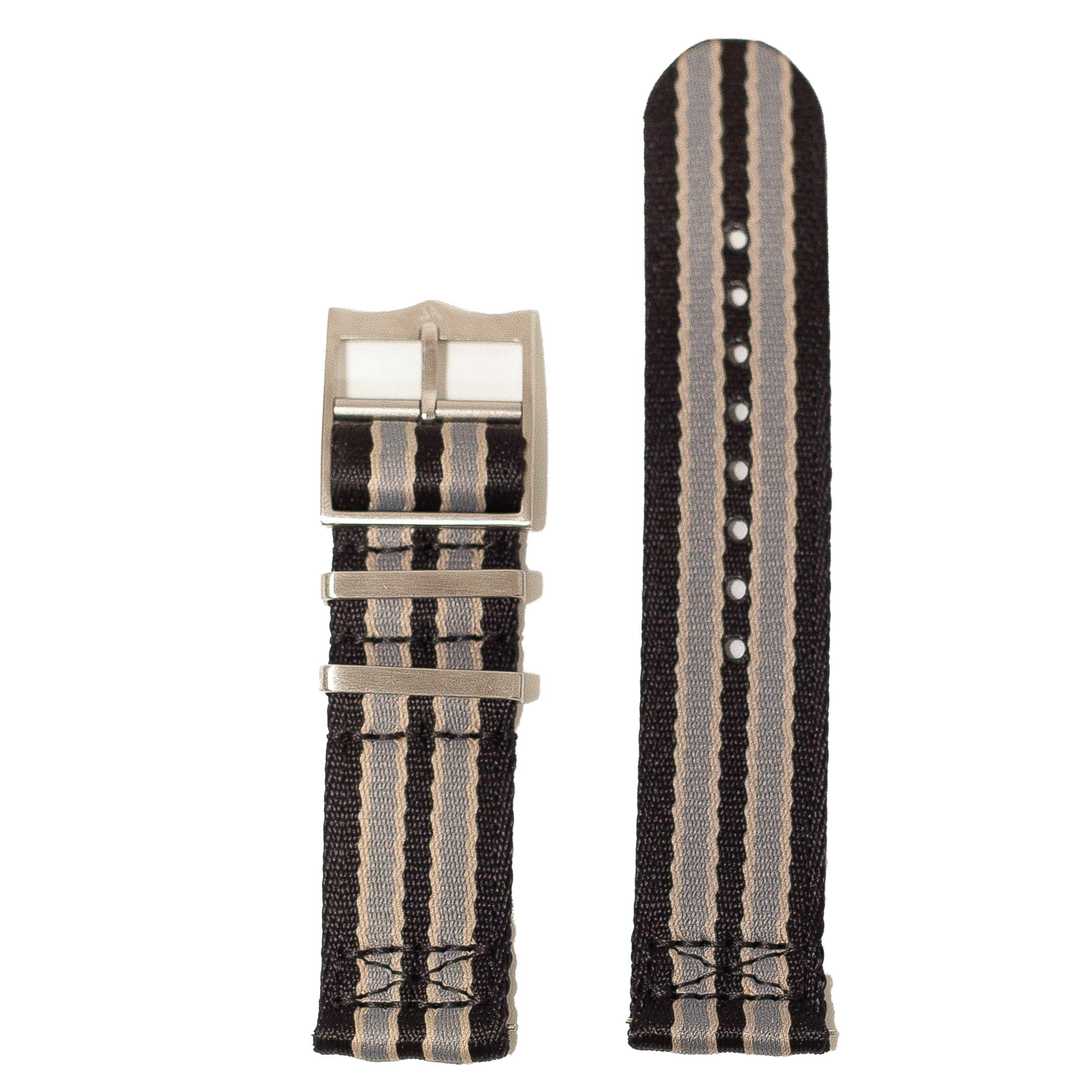 Black and beige striped fabric quick release watch strap with silver buckle and keeper, military style design