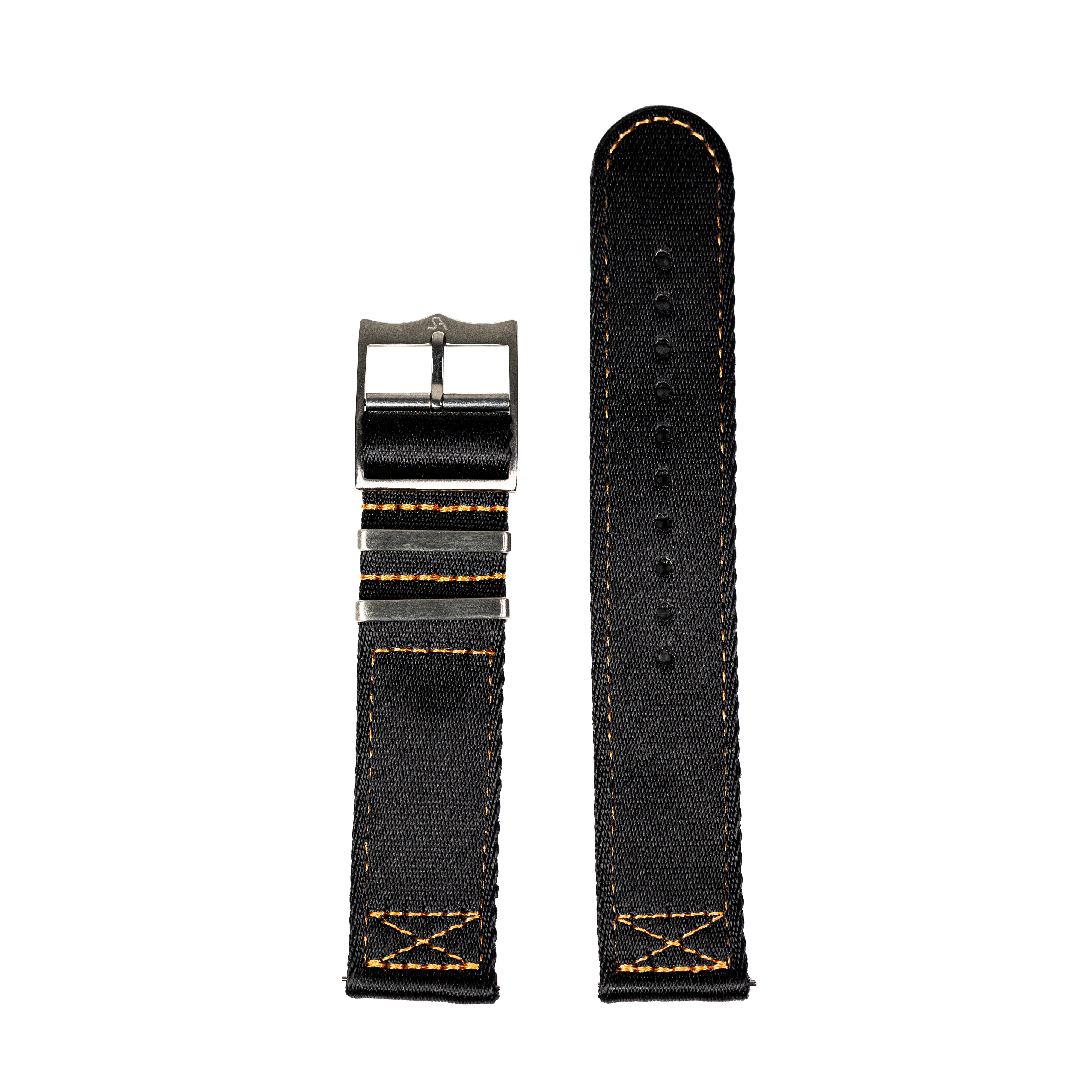 Black fabric watch strap with orange stitching, quick-fit 22mm, gunmetal buckle and spacers, military-style design