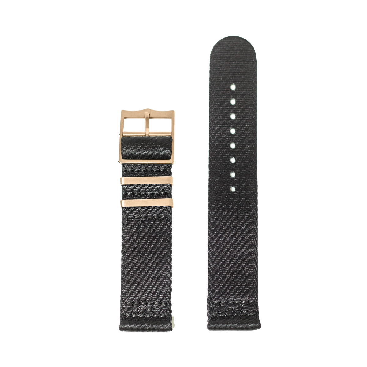 Black canvas watch band with rose gold hardware, quick release strap system shown assembled and disassembled