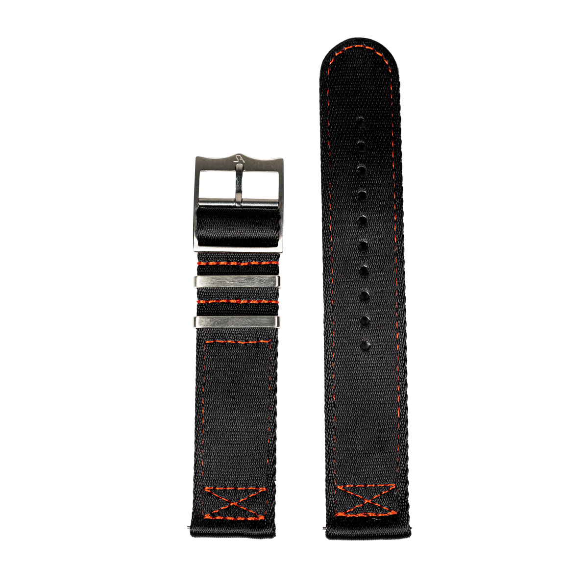Black nylon military watch strap with orange stitching, quick-fit buckle and interchangeable fabric segments