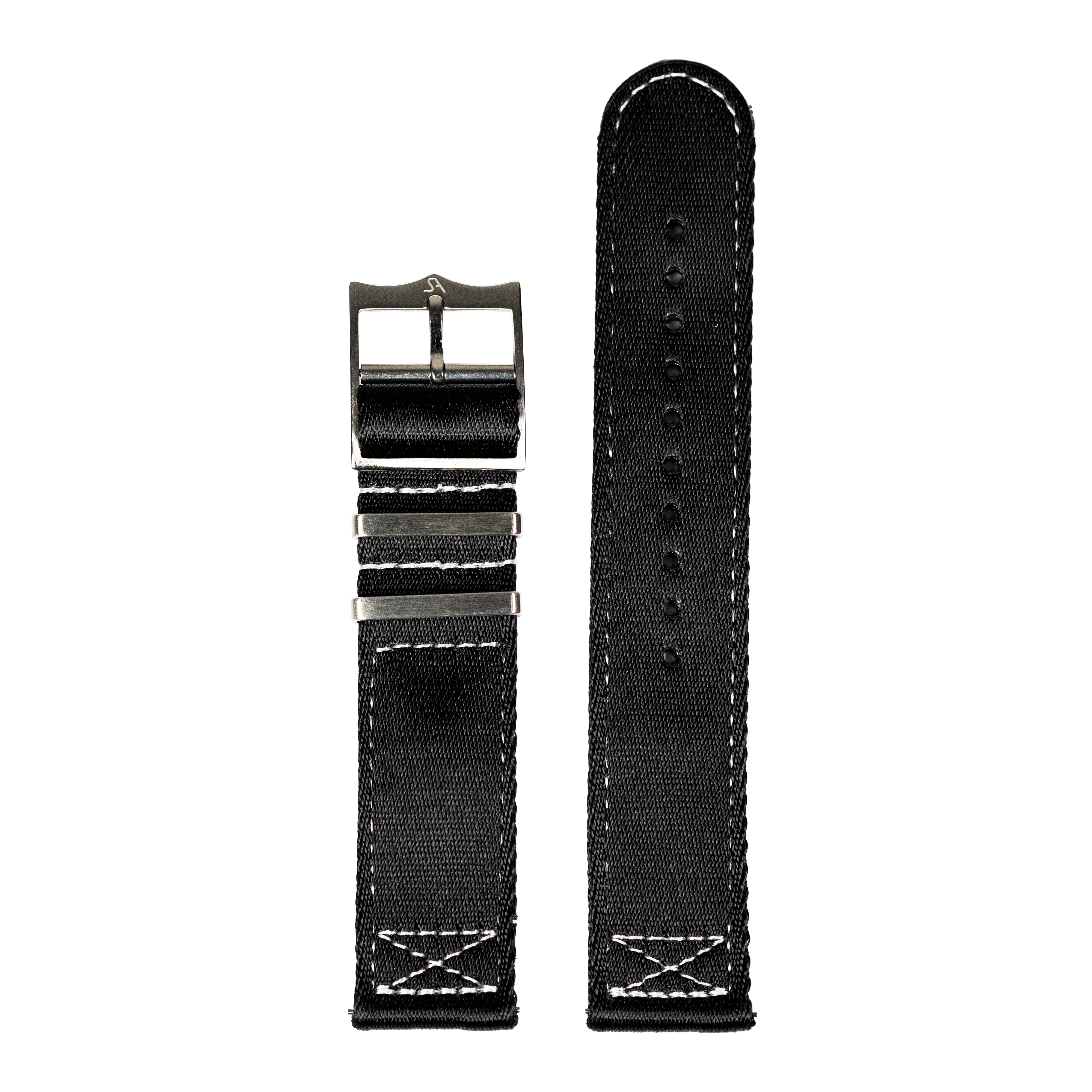 Black canvas watch strap with white stitching, quick-fit military-style band, gunmetal buckle, shown assembled and unattached