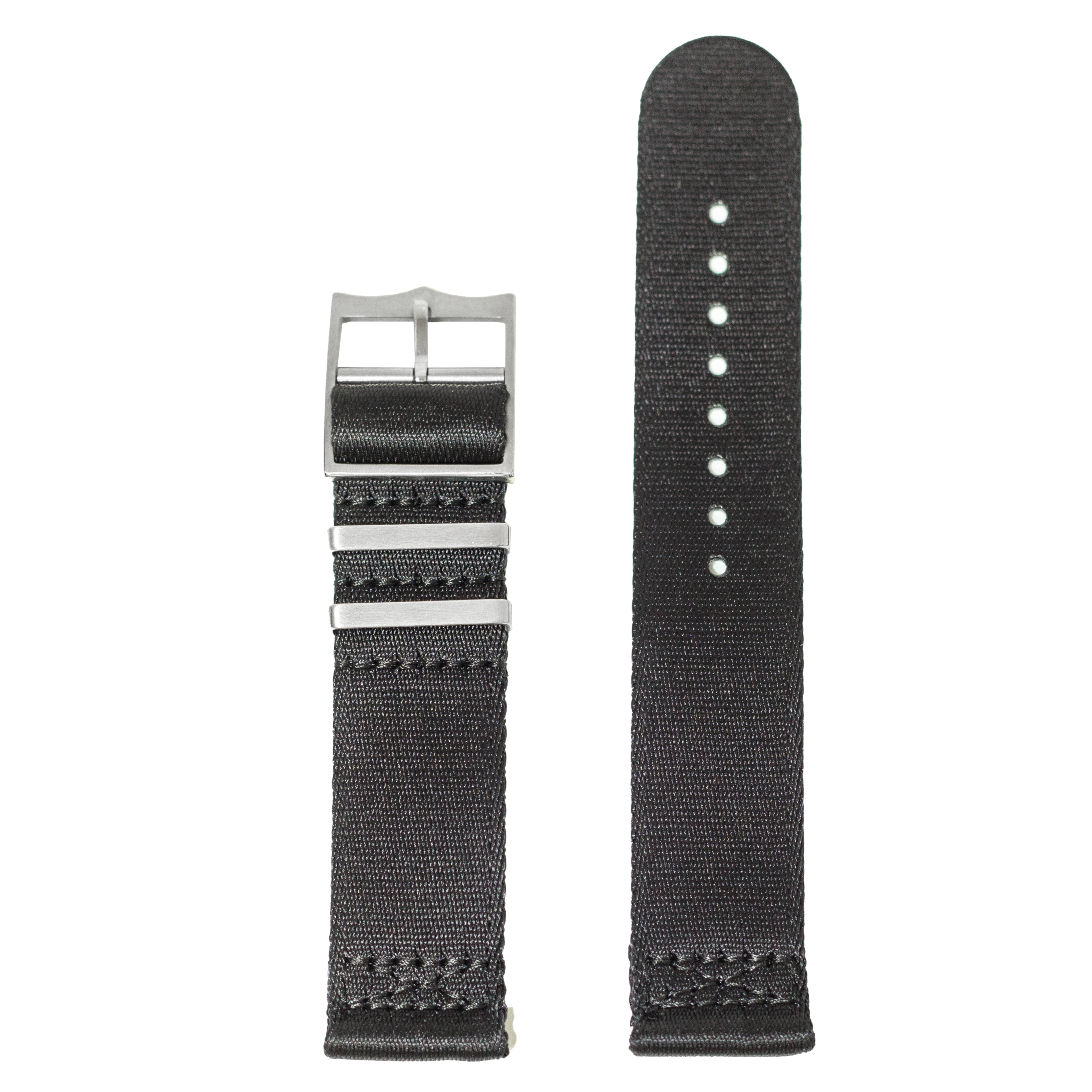 Black fabric watch band with silver buckle, quick-fit design, 20mm width for men's watches