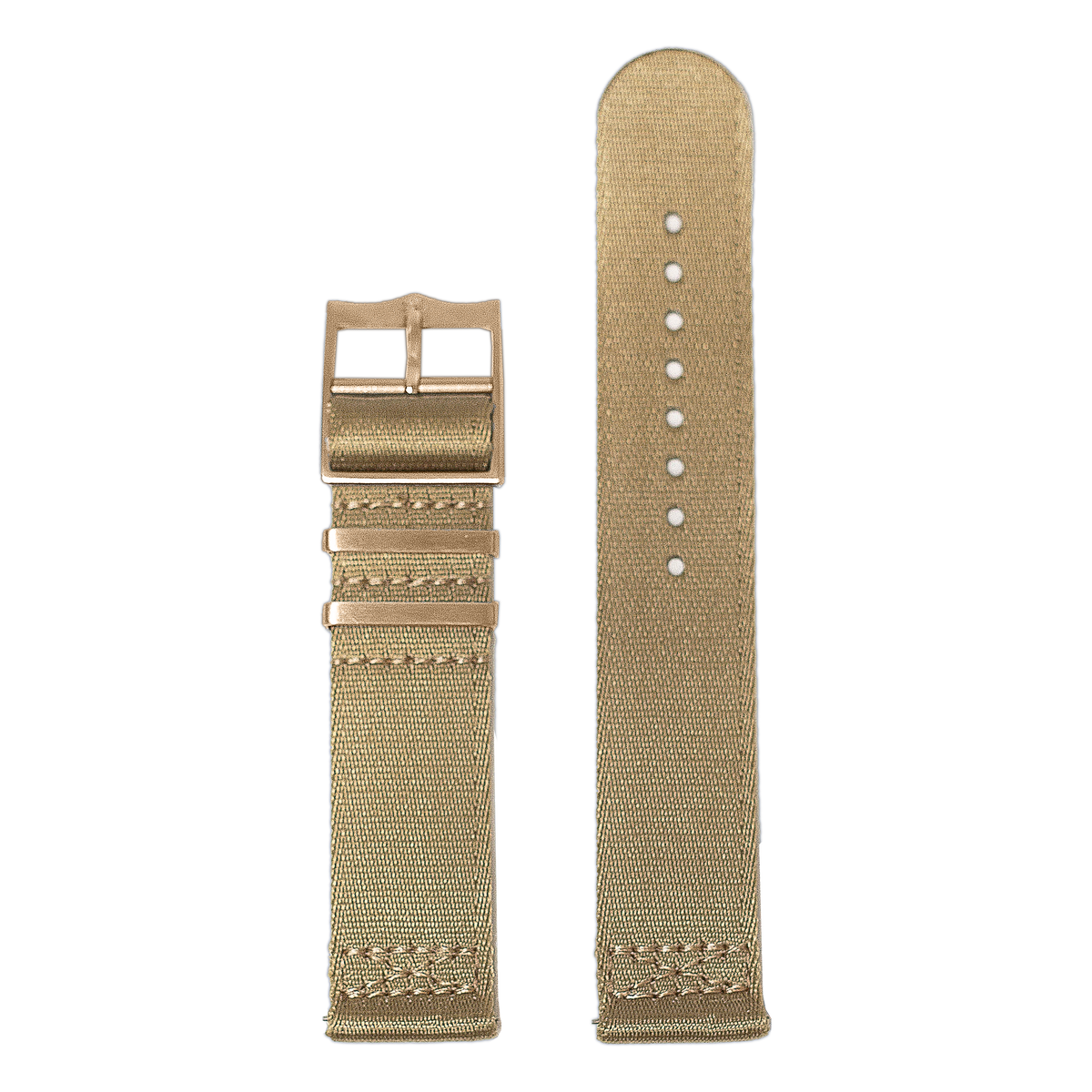 Beige fabric watch band with rose gold buckle and hardware, quick release military-style strap for 20mm watches