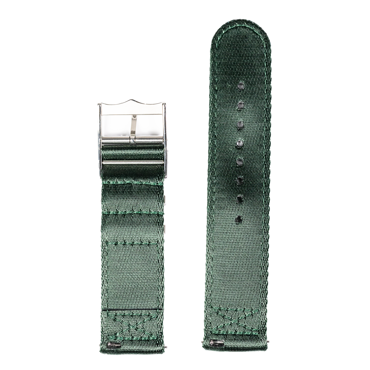 Forest green woven nylon watch band with metal buckle for Fitbit Versa and Sense smartwatches, shown folded and unfolded