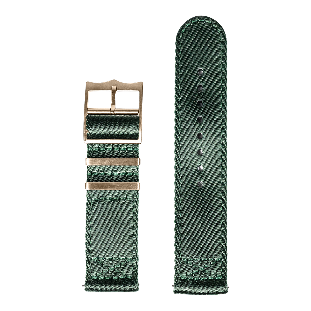 Green canvas watch band with military-style stitching and bronze buckle for Fitbit Versa and Sense smartwatches