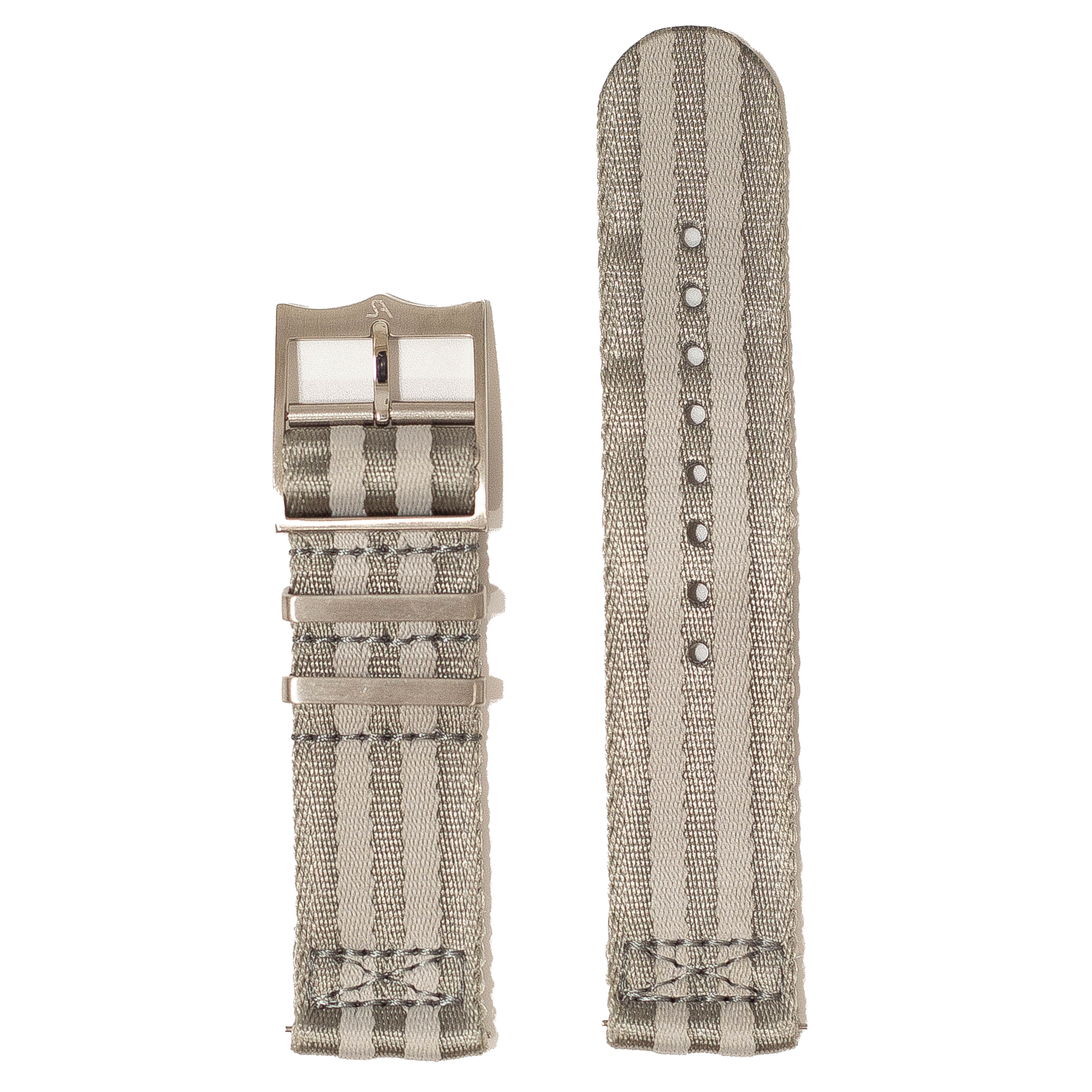 Grey fabric quick release watch strap with metal buckle and adjustment holes, military-style design