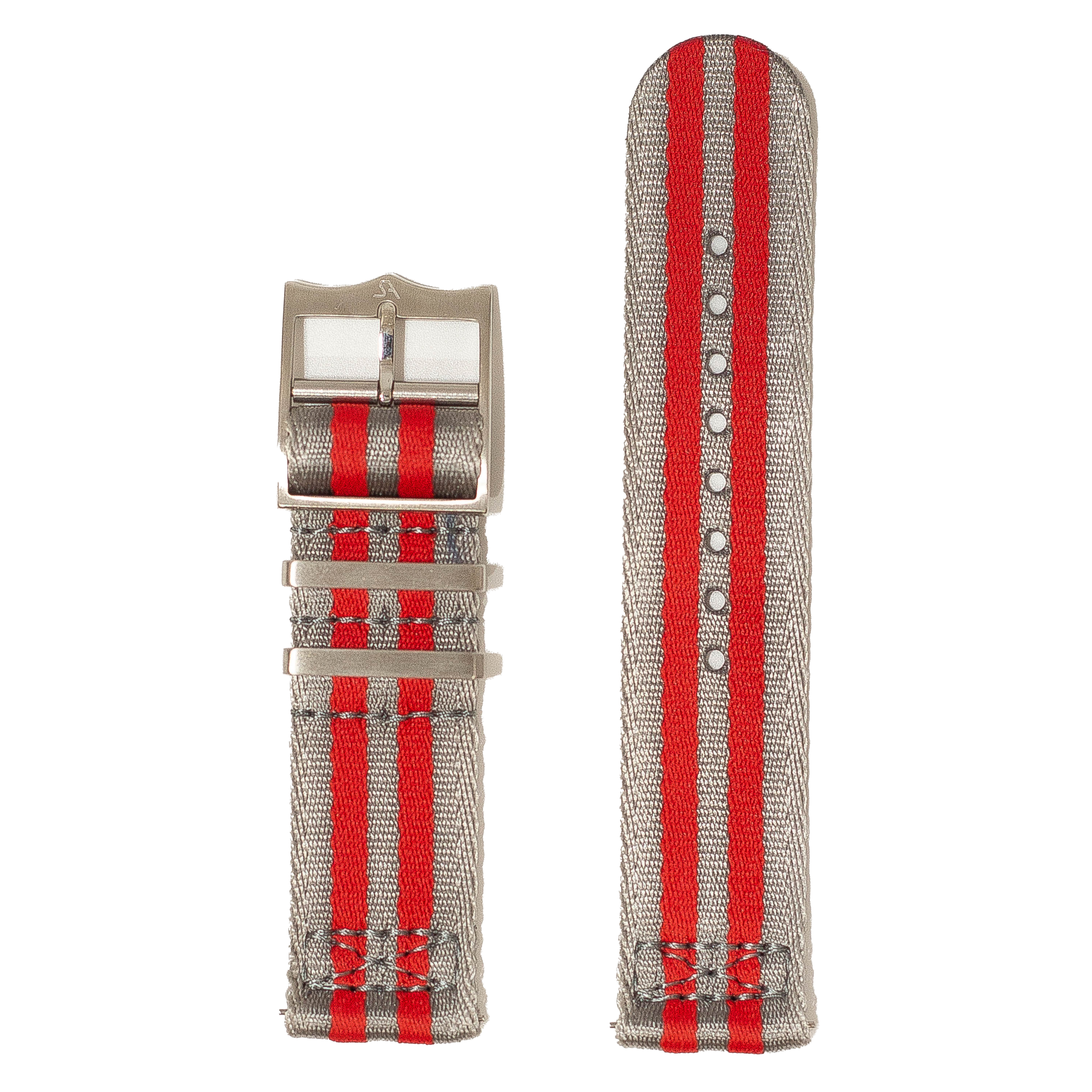 Grey and red striped fabric watch band with quick release mechanism and silver buckle hardware