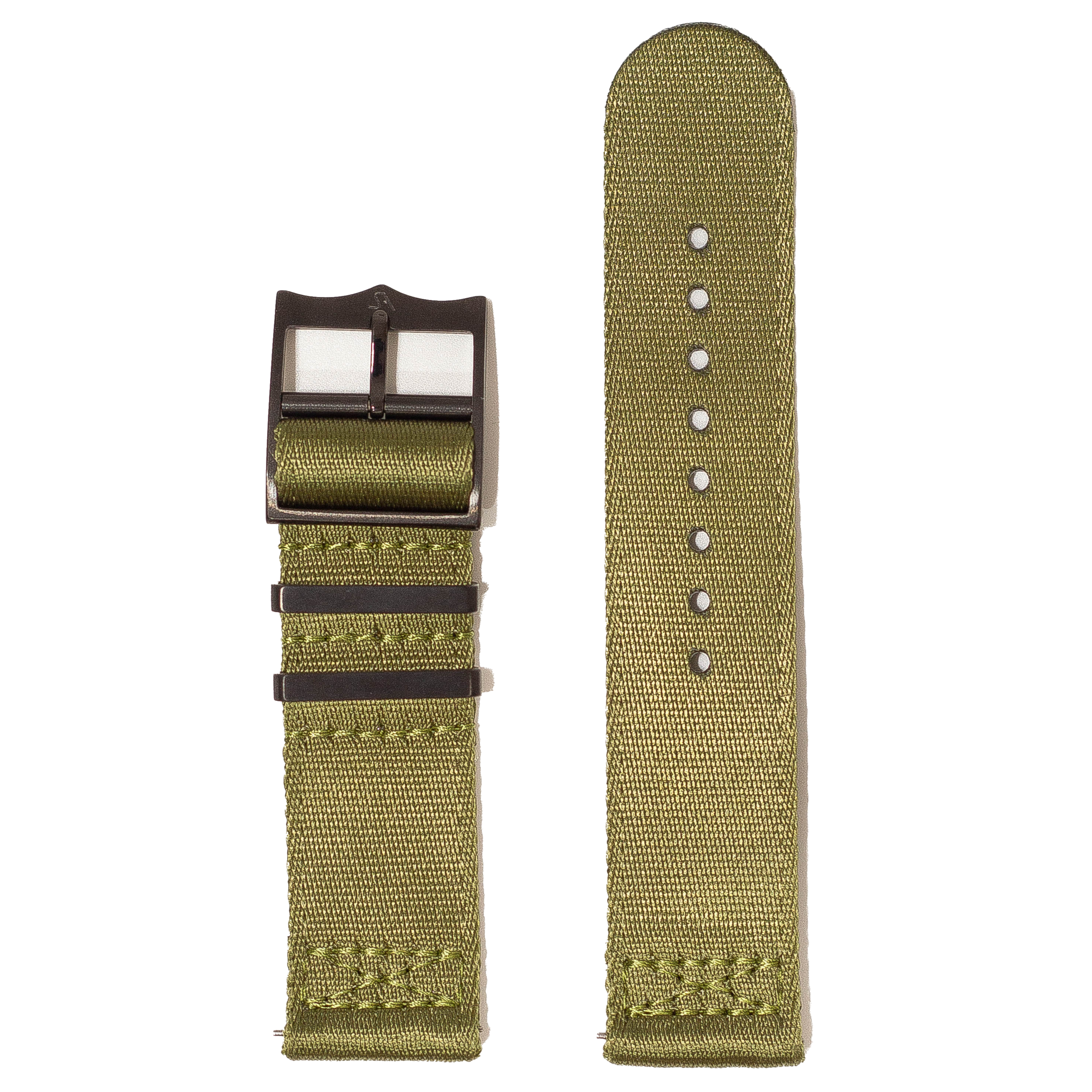 Olive green canvas watch band with quick release and black hardware buckle, shown assembled and flat