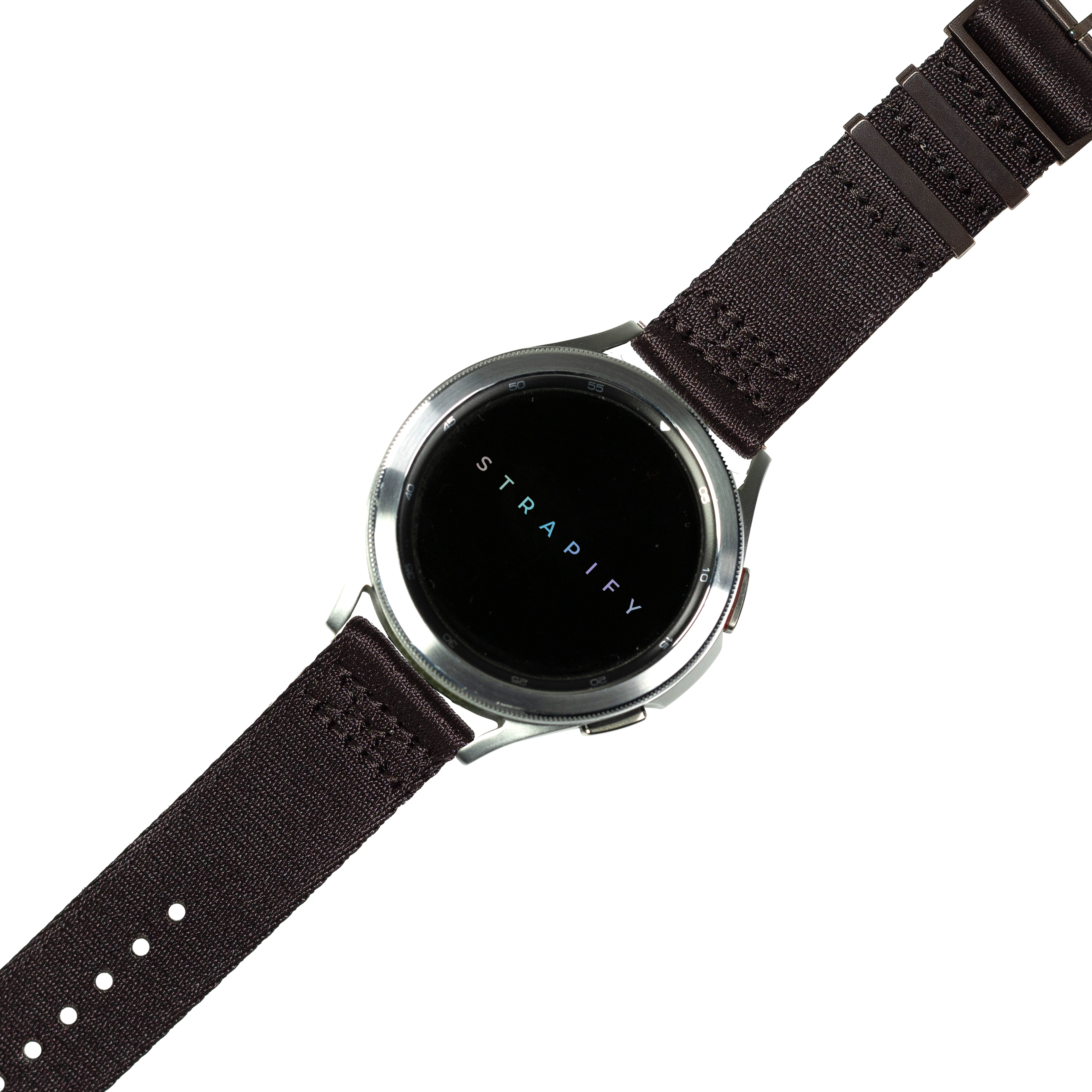 Strapify Ultra Militex black canvas quick release smartwatch band with silver hardware and adjustable fit