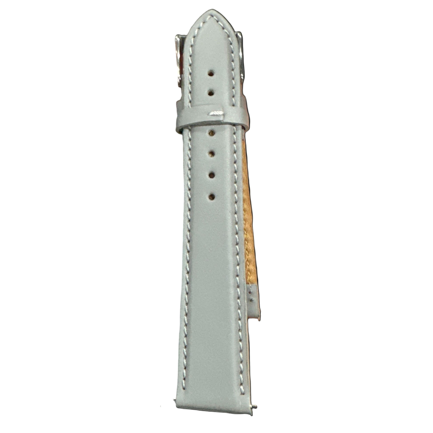 White leather quick release watch band with padded design and white stitching, stainless steel buckle