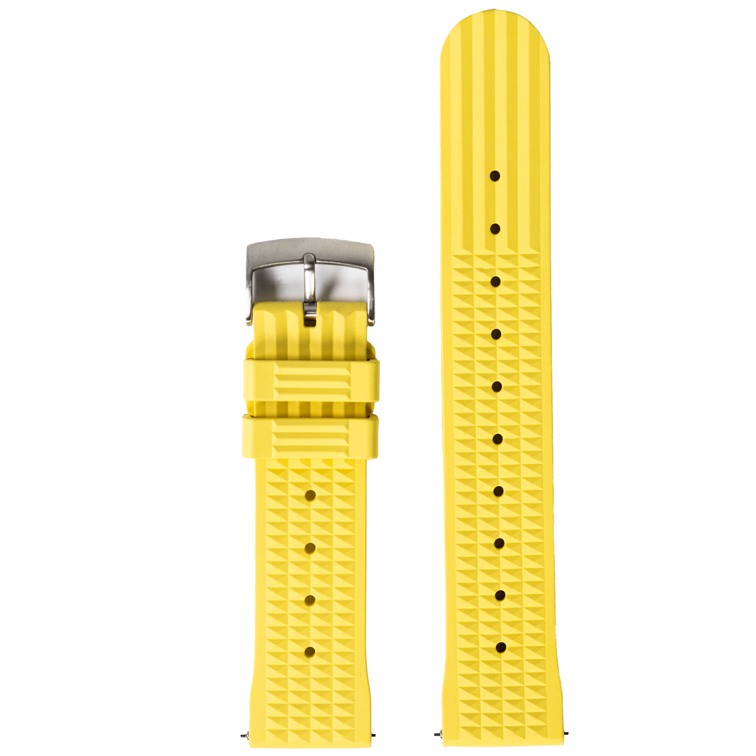 Bright yellow quick release rubber watch strap with waffle texture, titanium buckle, and adjustment holes
