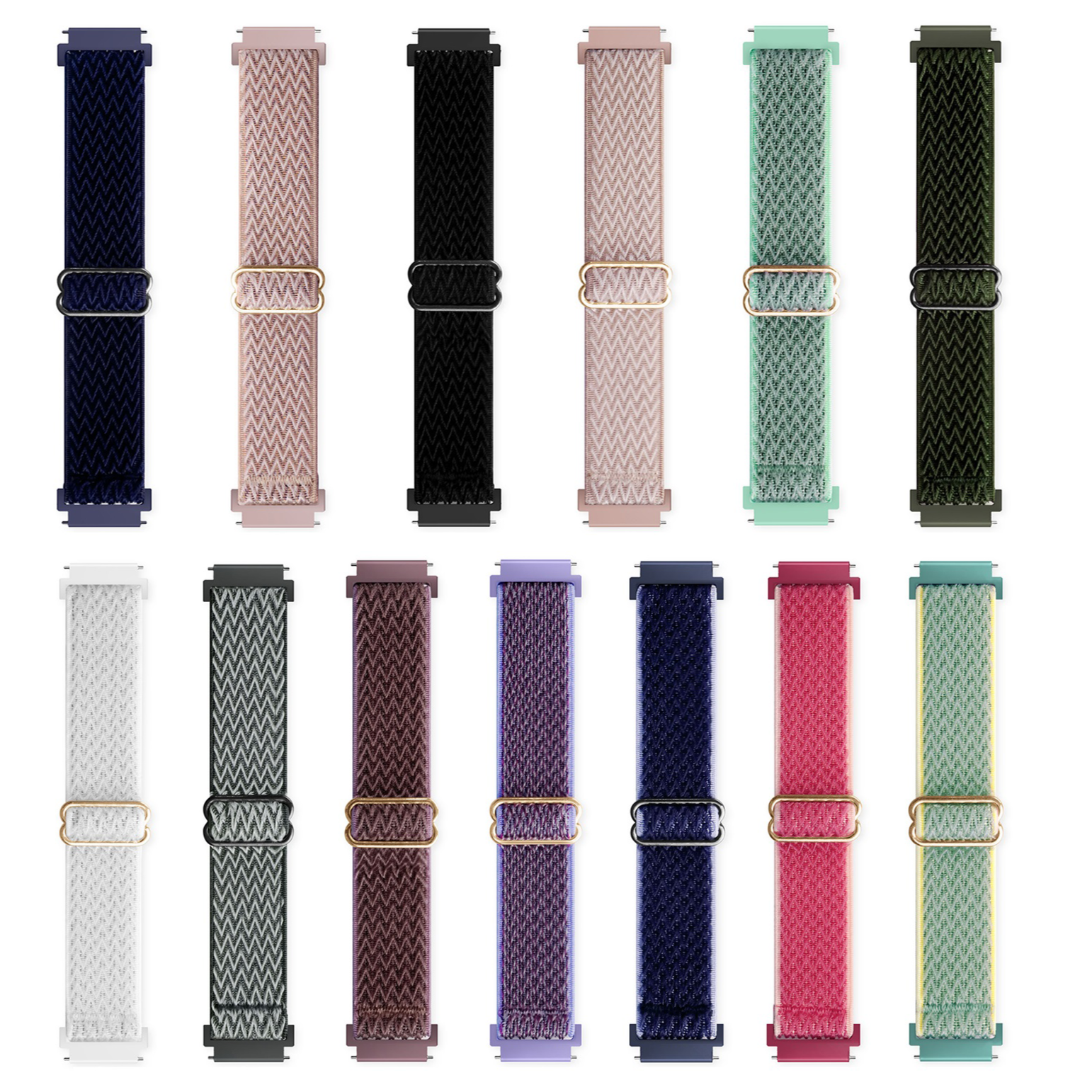 Weaved loop watch bands in multiple colors including navy, pink, black, mint, and burgundy with quick release clasps