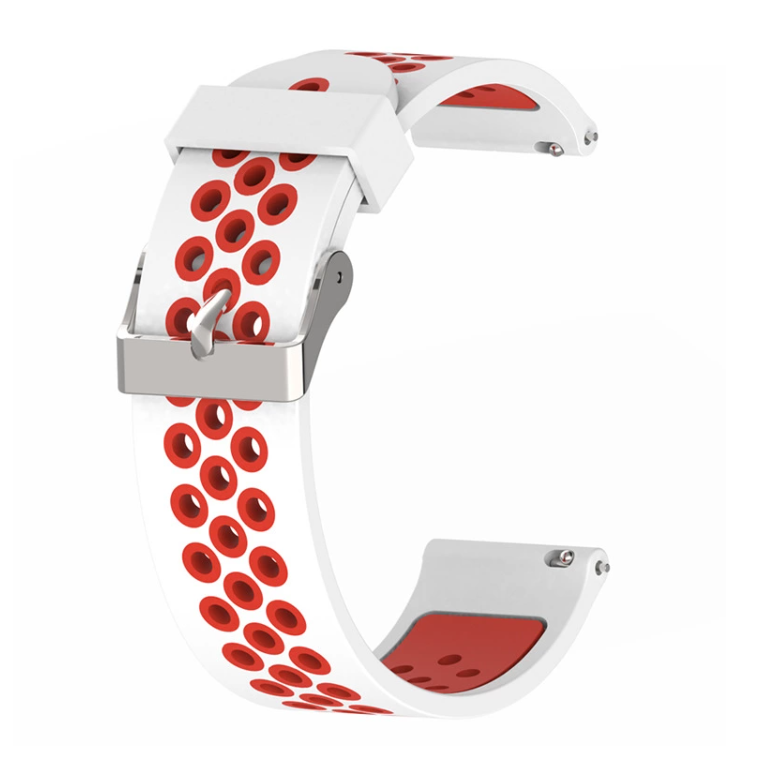 White and red perforated silicone sports watch band with quick release mechanism and metal connectors
