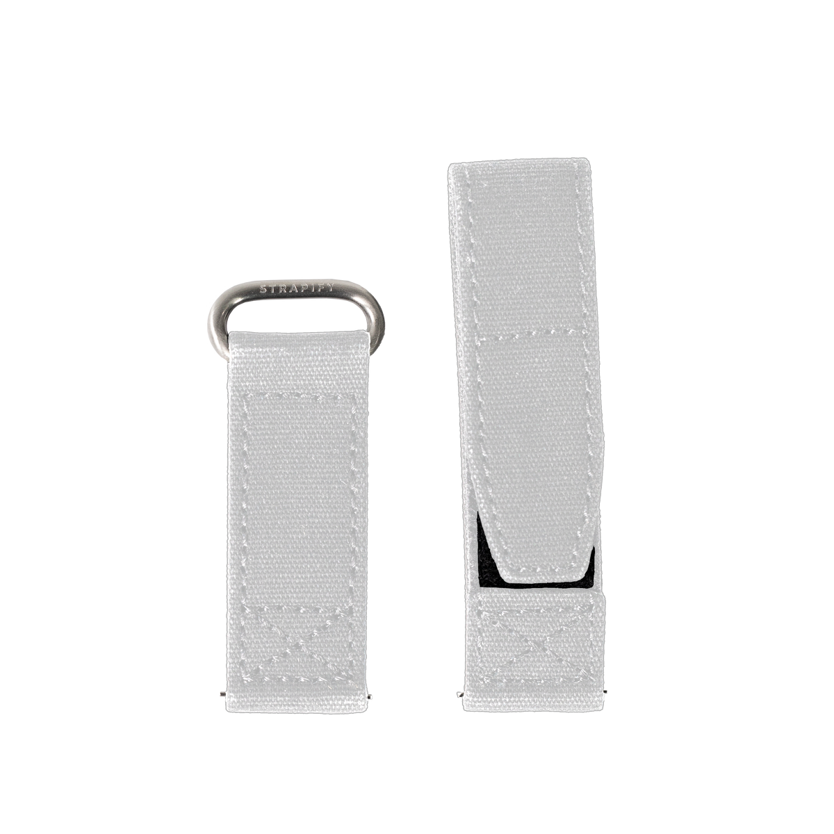 White military-style velcro watch strap with stainless steel hardware and adjustable fastening system