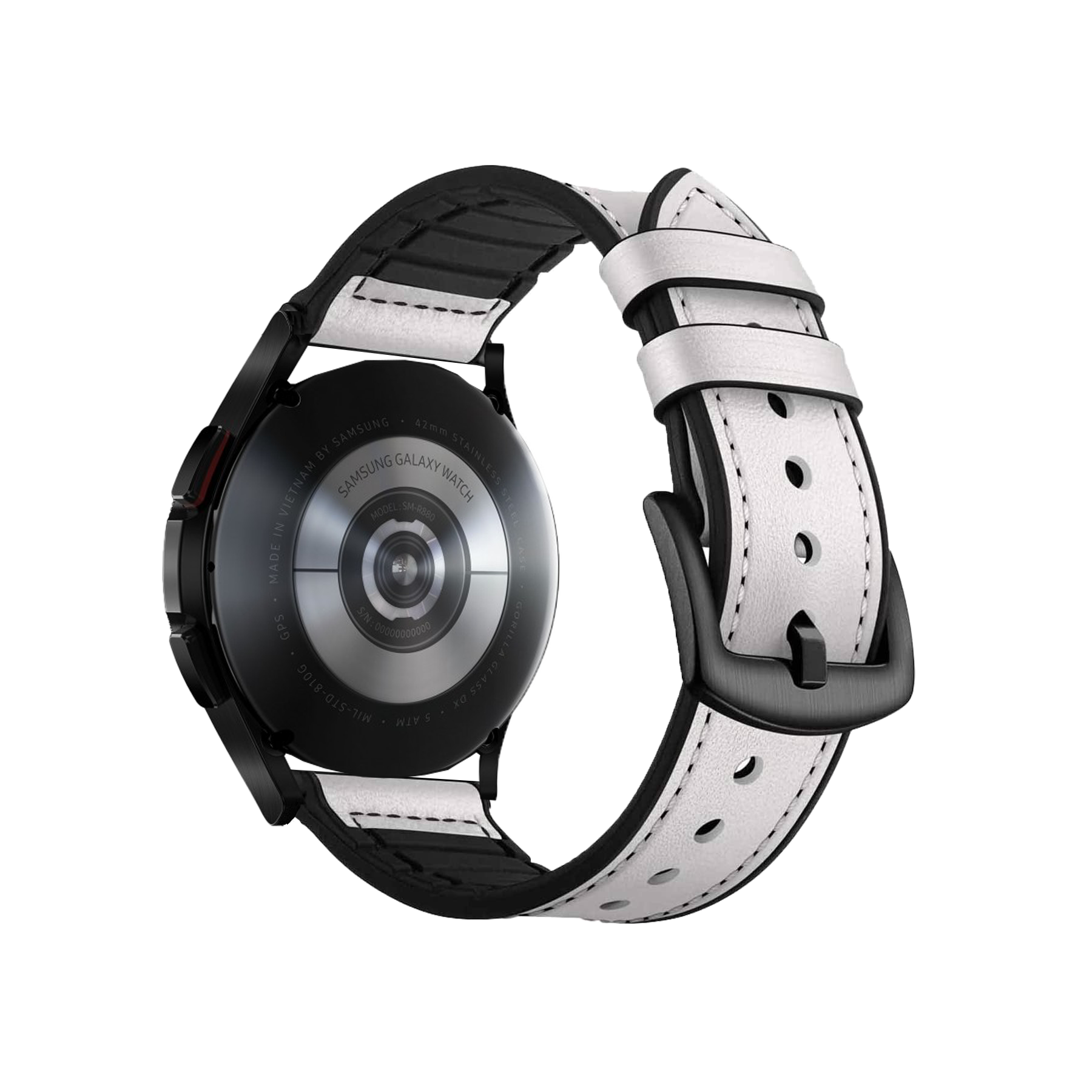 Black smartwatch with white leather perforated hybrid band and quick release strap mechanism