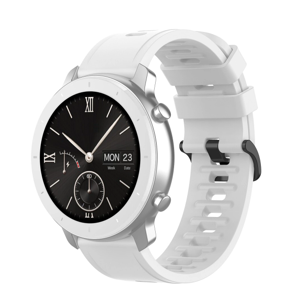 White silicone smartwatch band with quick release connector and black hardware for universal watch compatibility