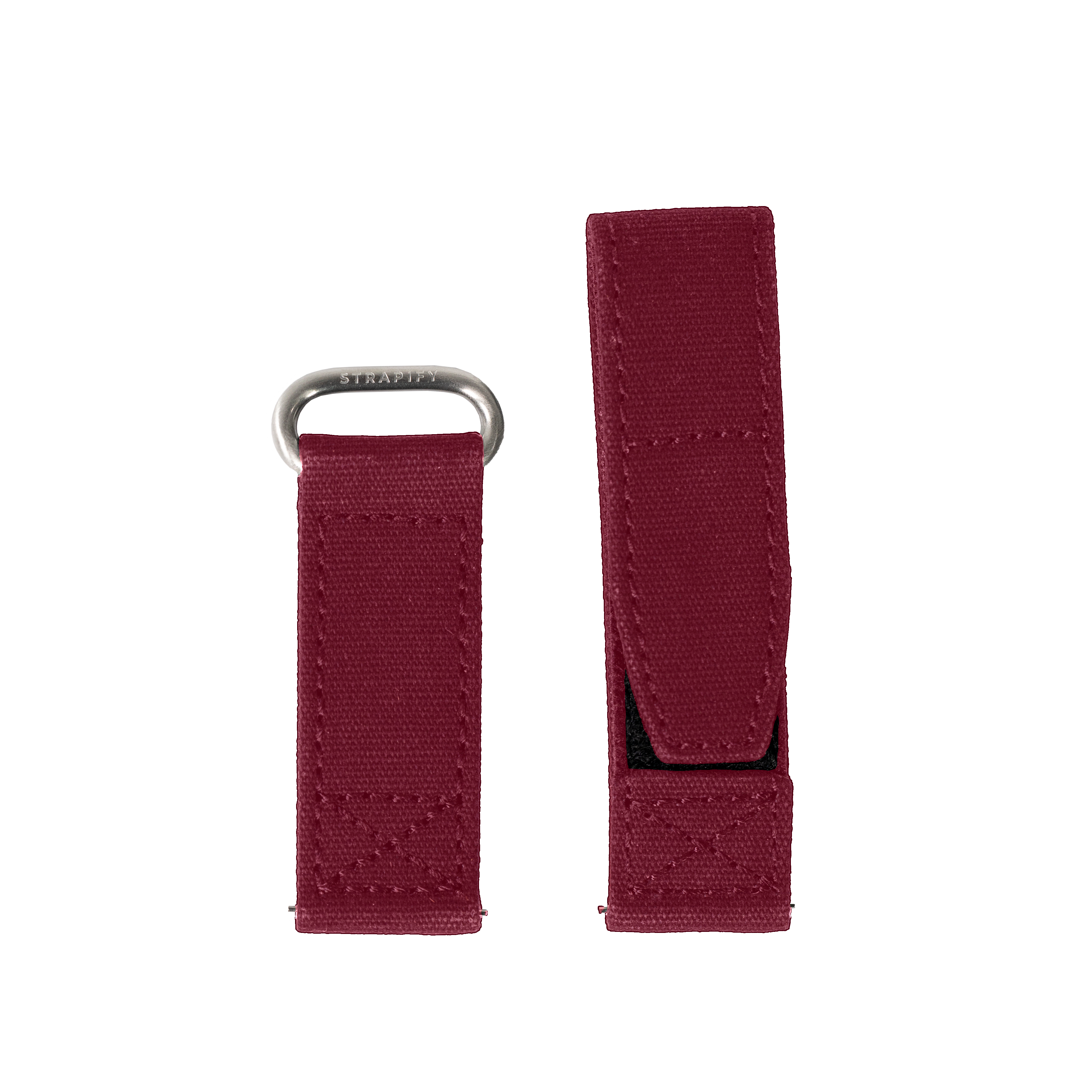 QuickFit military velcro watch strap in wine red 22mm with metal loop hardware, shown folded and unfolded