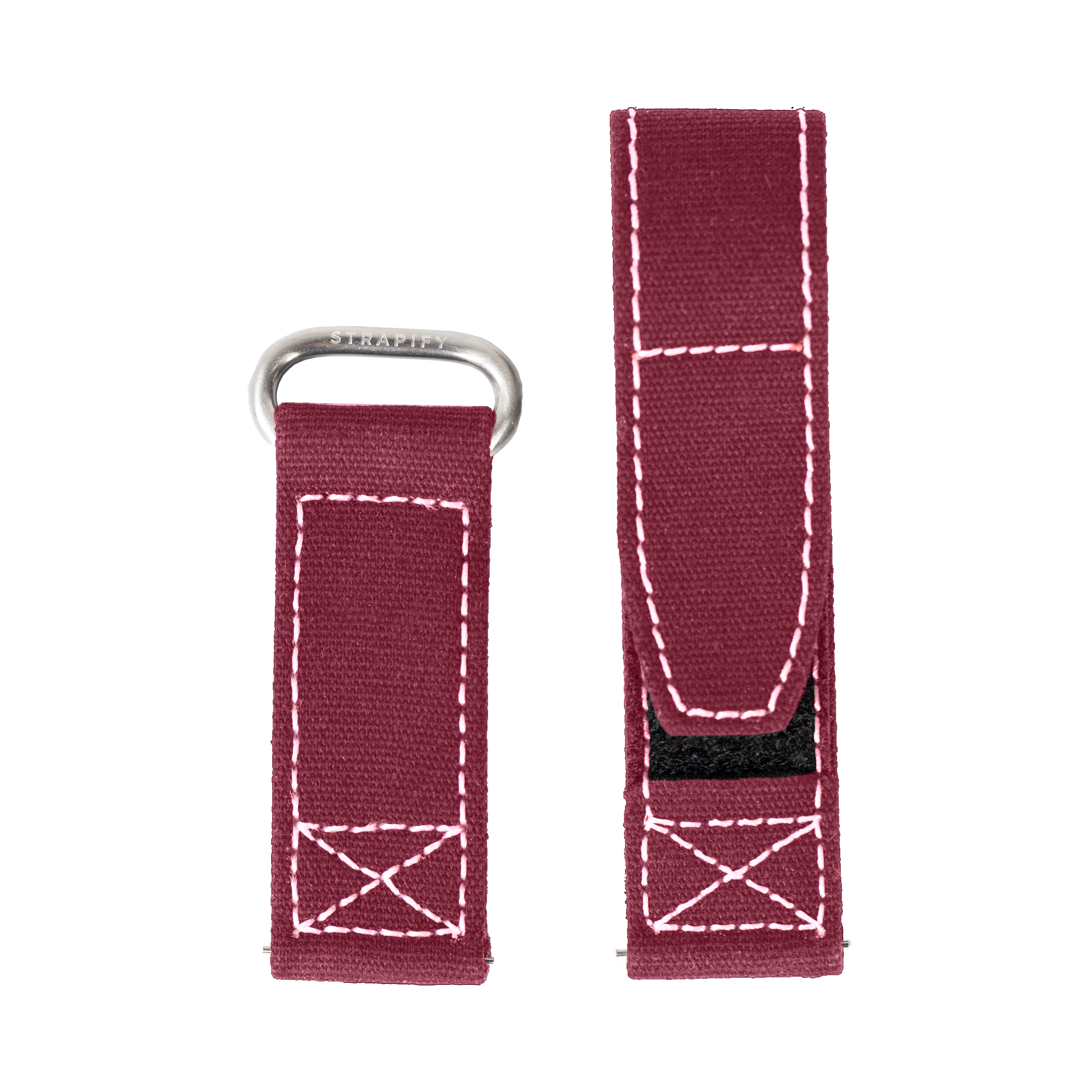 QuickFit military velcro watch band wine red with white stitching 22mm, shown front and back with stainless steel hardware