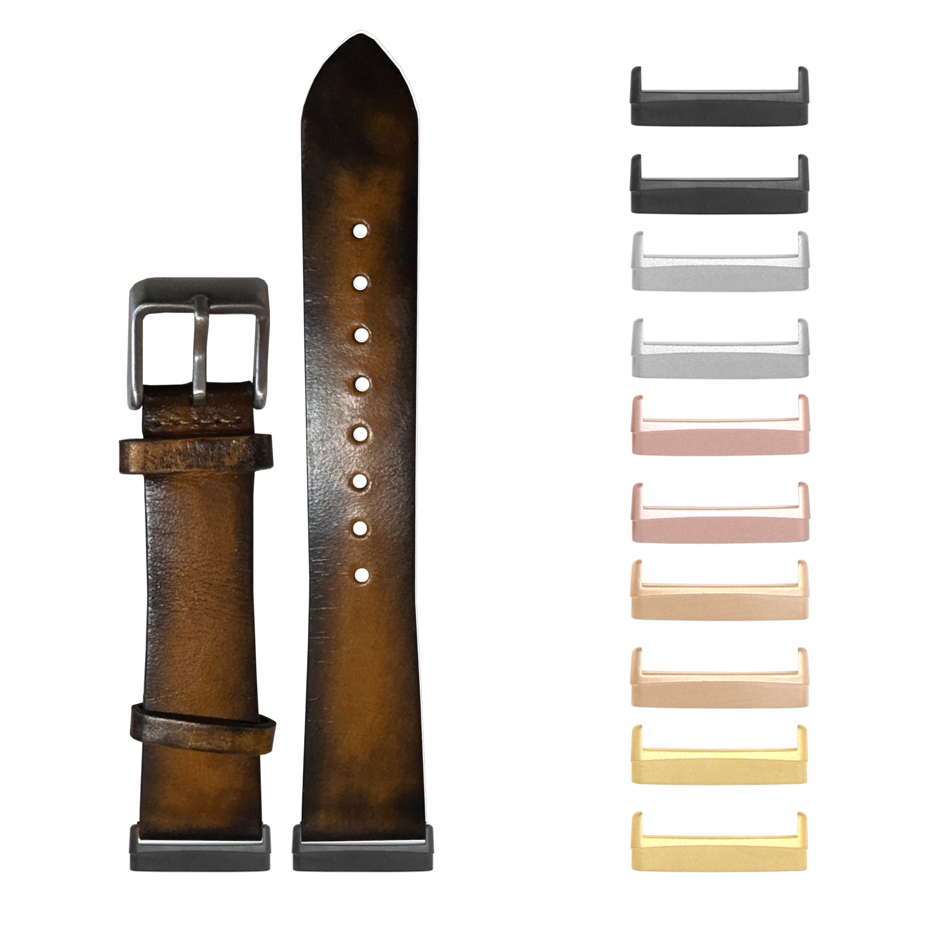 Yellow vintage leather watch band with interchangeable buckle lugs in multiple metal finishes