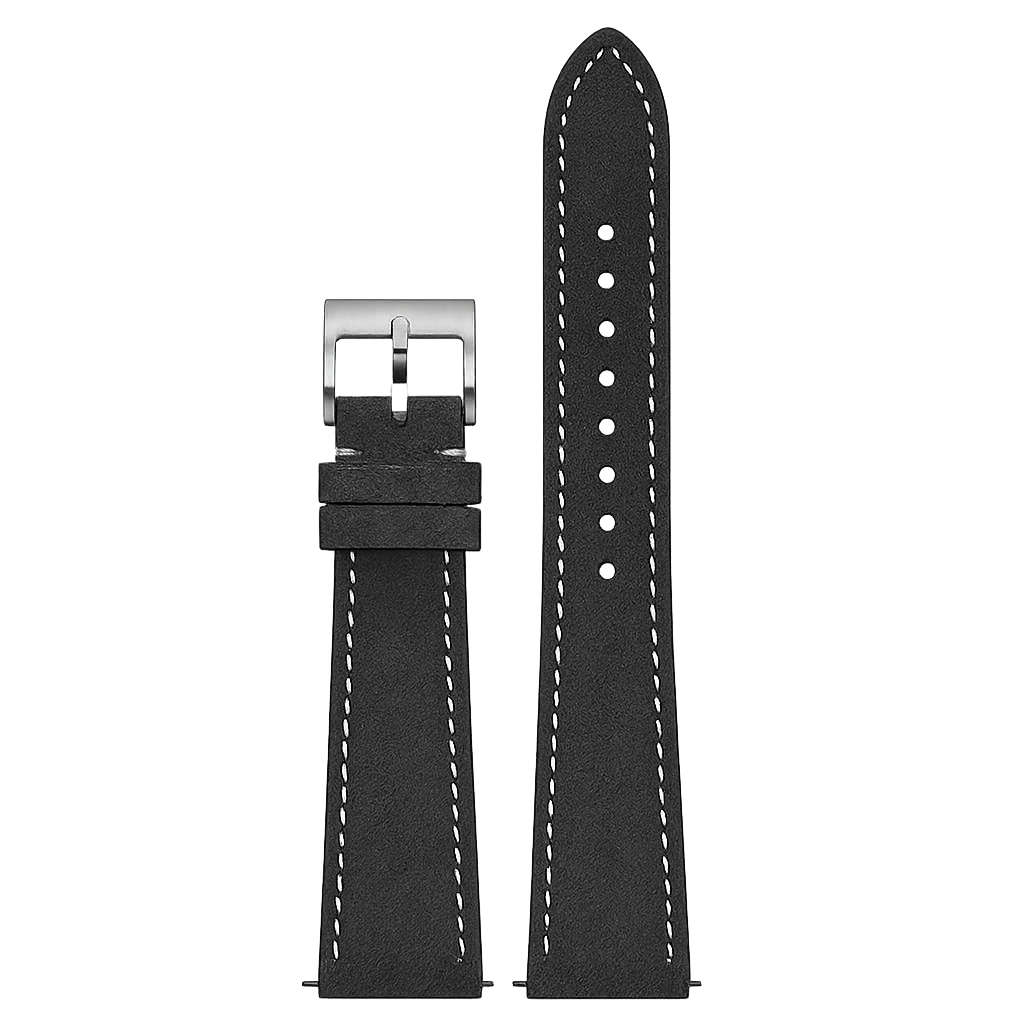 Black alcantara leather quick release watch band with white stitching and brushed steel buckle