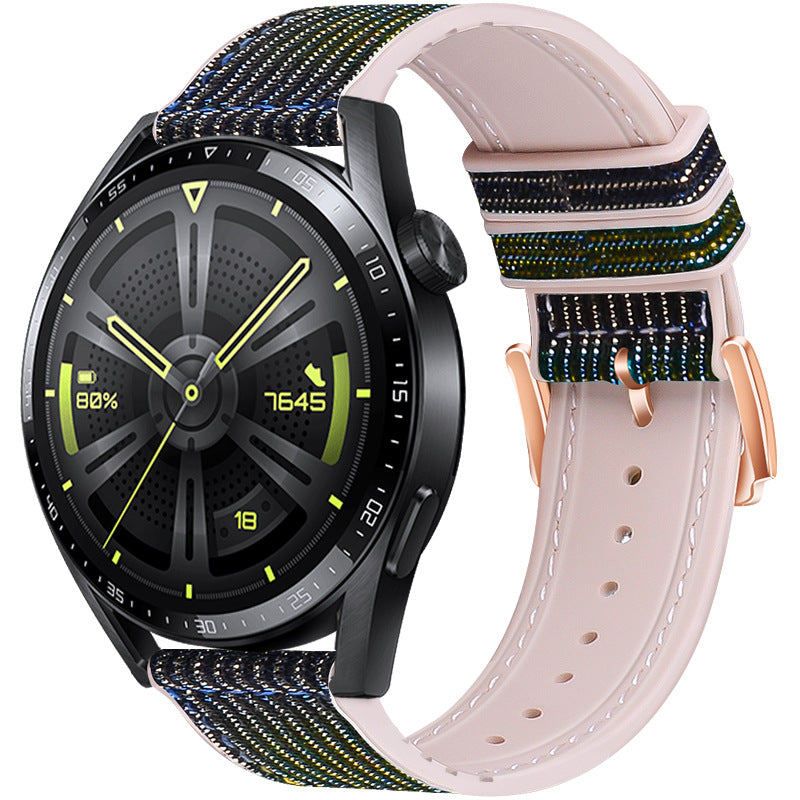Smartwatch with interchangeable quick release bands including woven fabric and pink leather strap options