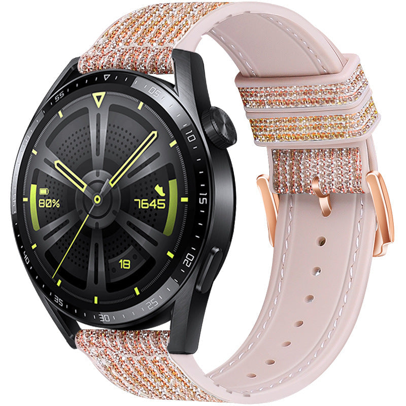Sparkle hybrid watch band with quick release in rose gold glitter and blush pink leather strap