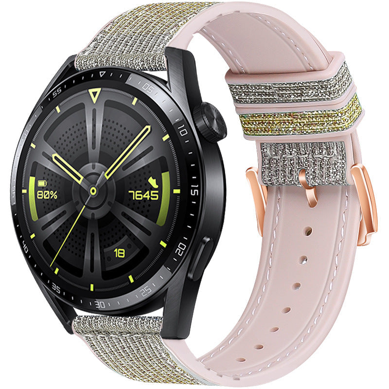 Smartwatch with interchangeable fabric and leather bands, black dial with yellow accents, quick release mechanism, pink and gold glitter straps included