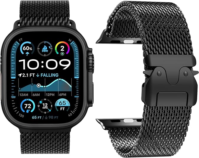 Black titanium Apple Watch Ultra with Milanese mesh band showing digital display with time and weather widgets