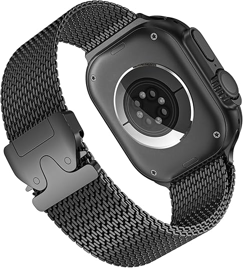 Black titanium smartwatch with mesh band and circular digital display showing fitness metrics