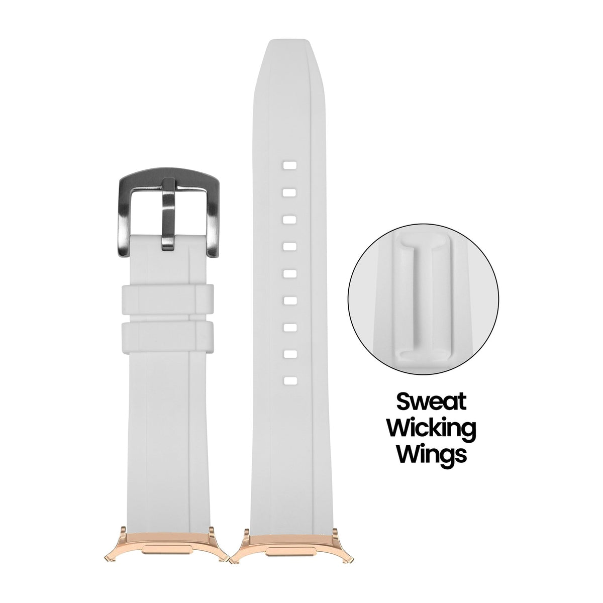 Kingston FKM Rubber - Ice White for the Galaxy Watch 8, 9 and Ultra with Rose Gold adapter fitted